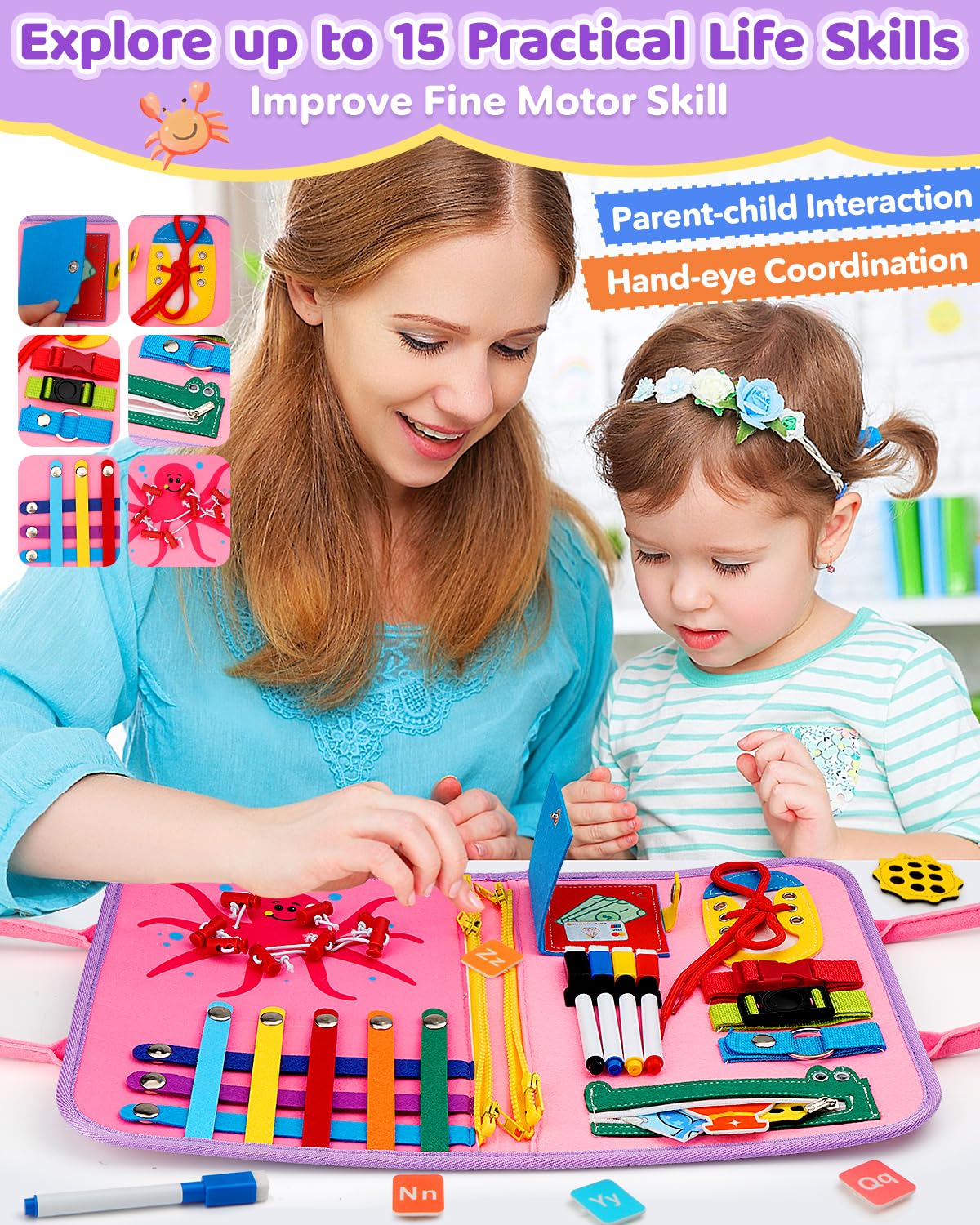 SaFeli Toddler Busy Board – Montessori Learning Toy & Travel Activity Book | Pink