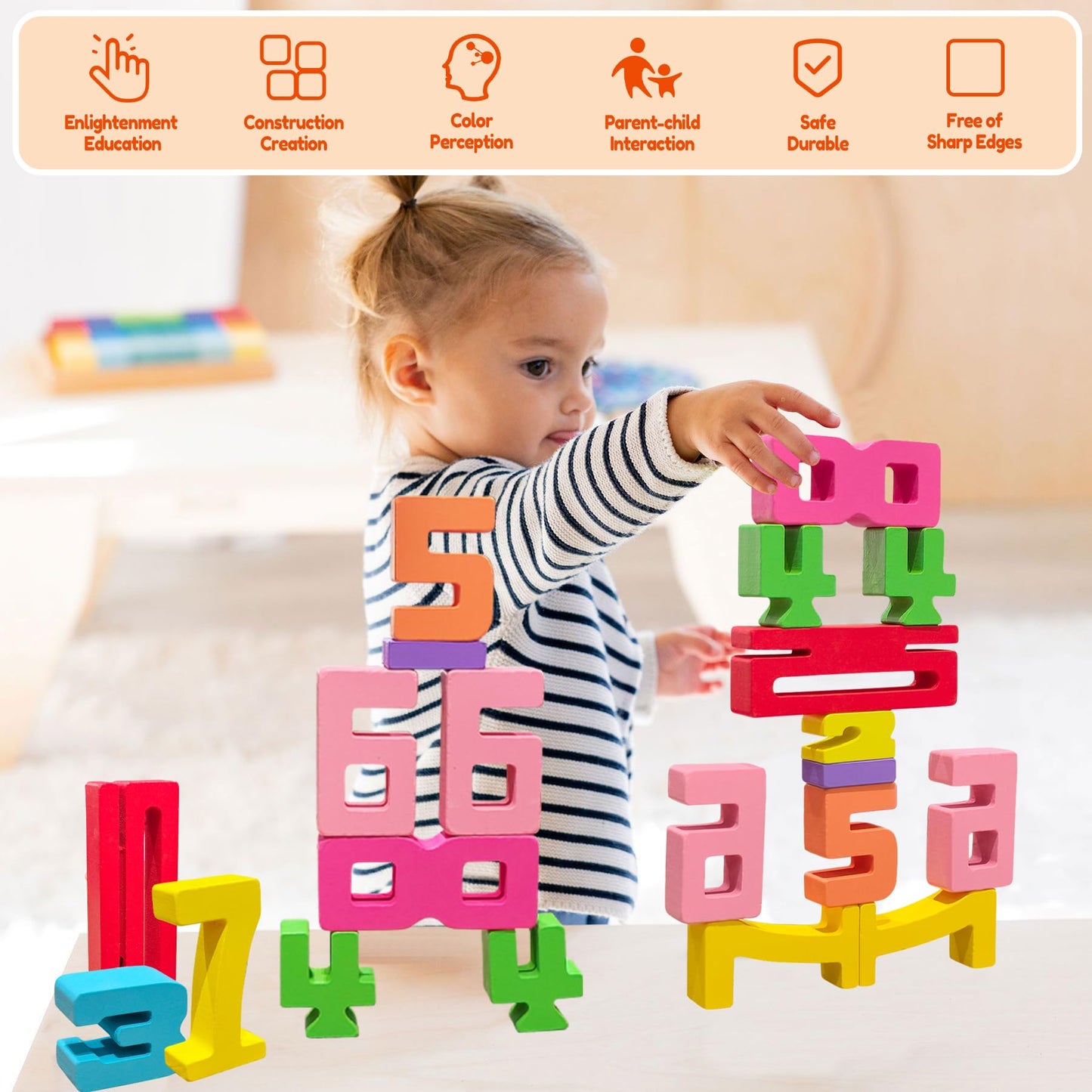 Safoezy 20-Piece Wooden Number Blocks – Montessori Math Learning Toy Set