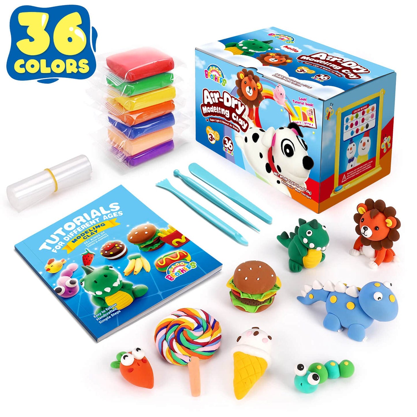 Sago Brothers 36 Colors Air Dry Clay – Soft Modeling Kit with Tools & Tutorial (Ages 3-12)