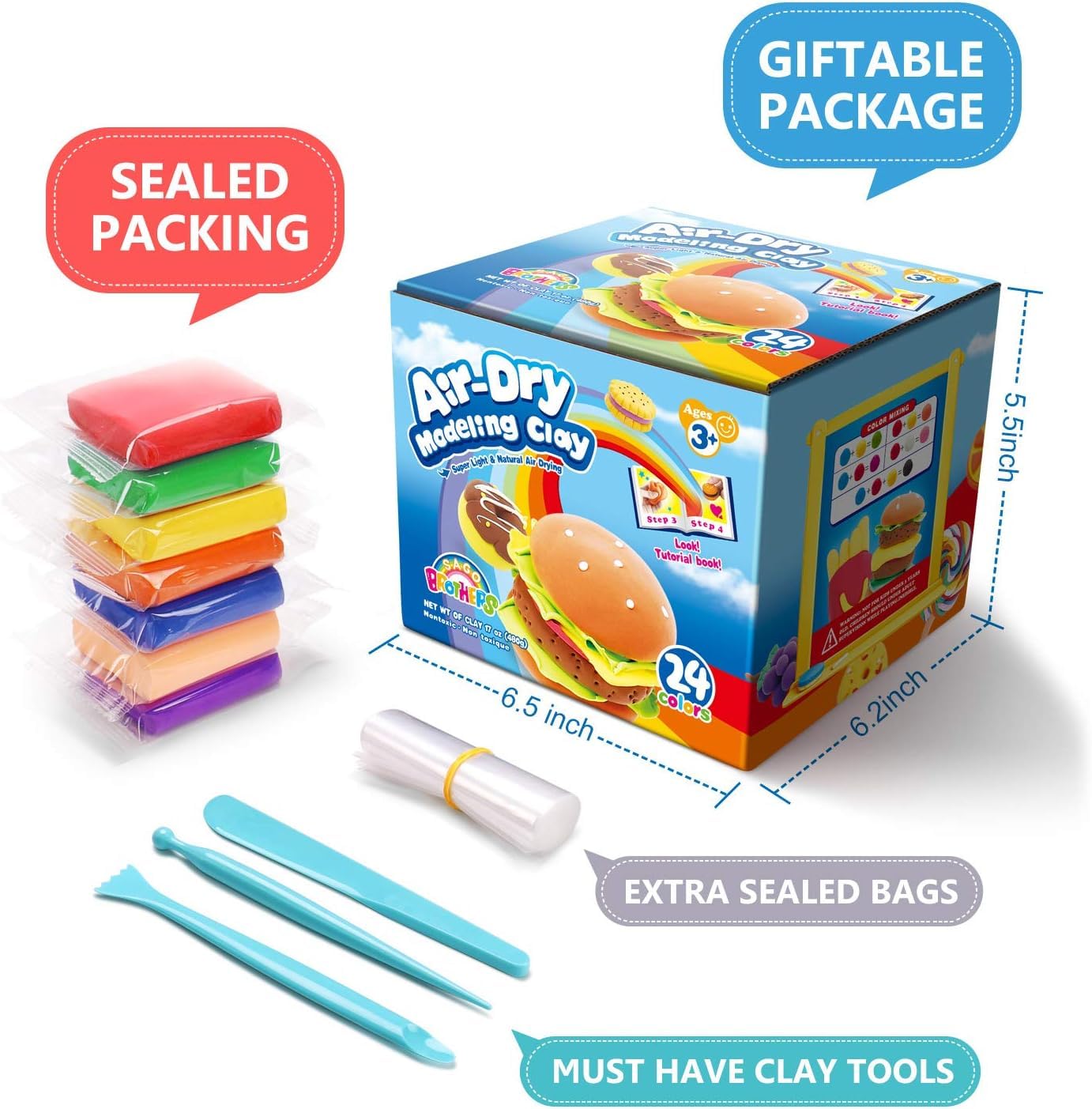 Sago Brothers Air Dry Clay: 24 Colors for Kids – No-Mess Craft Kit