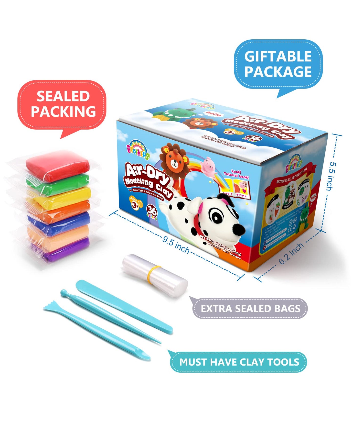 Sago Brothers 36 Colors Air Dry Clay – Soft Modeling Kit with Tools & Tutorial (Ages 3-12)
