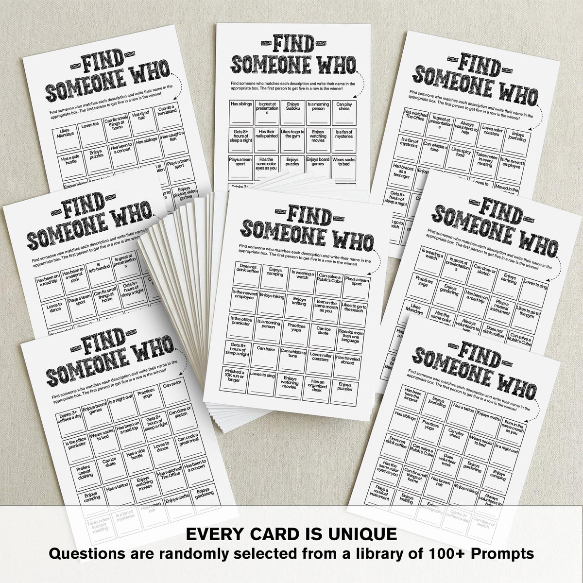 Sahjzk Office Bingo Cards – 25 Unique Randomized 5x7 Sheets for Team Building & Ice Breakers