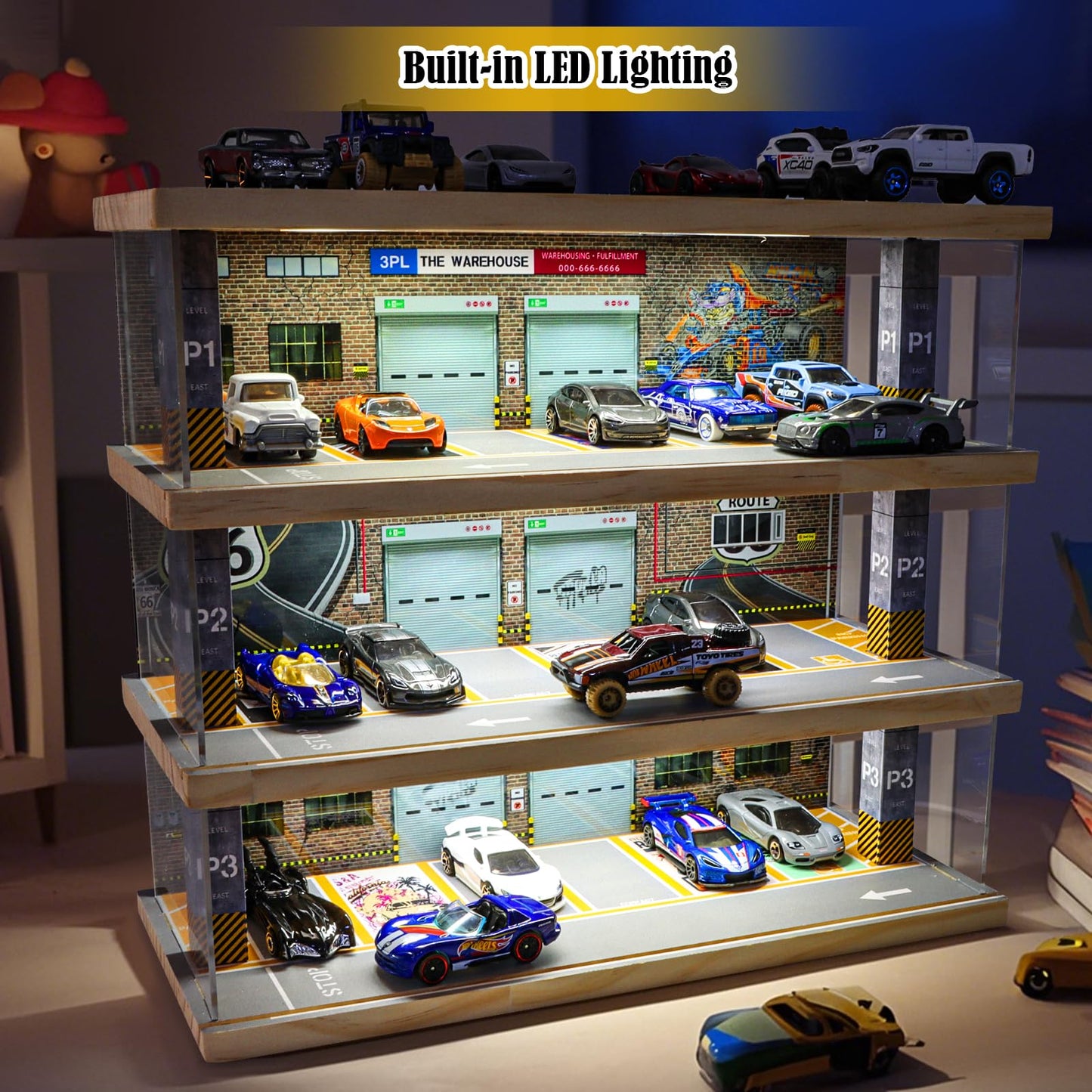 Saichotoy Storage for Hot Wheels: 1:64 Diecast Car Parking Garage with LED Lights