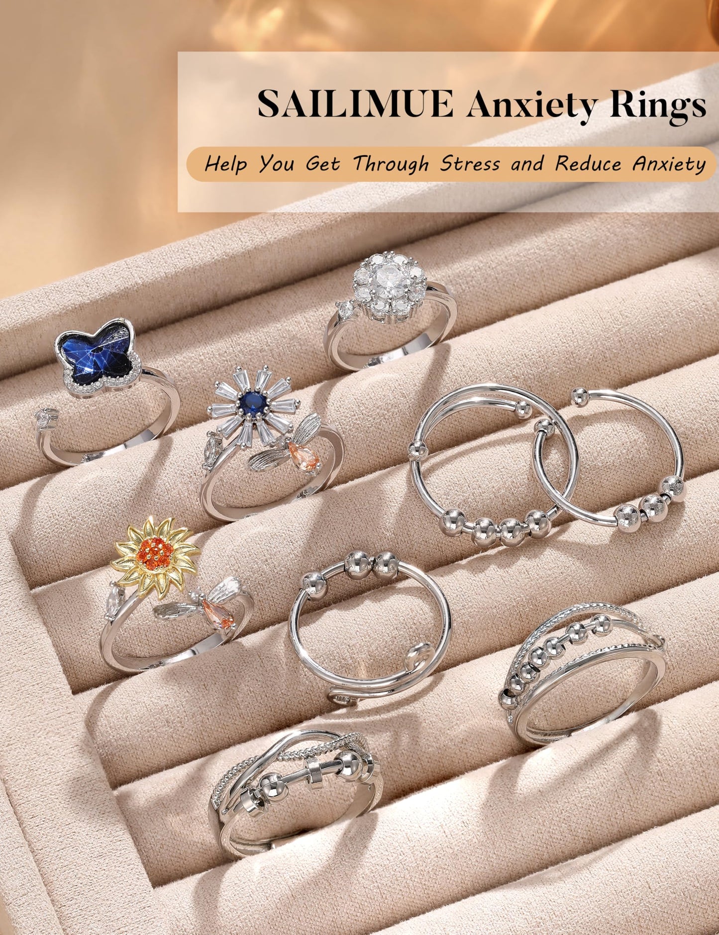 Sailimue Anxiety Ring Set – 9-Piece Fidget Spinner Rings, Adjustable 6–10