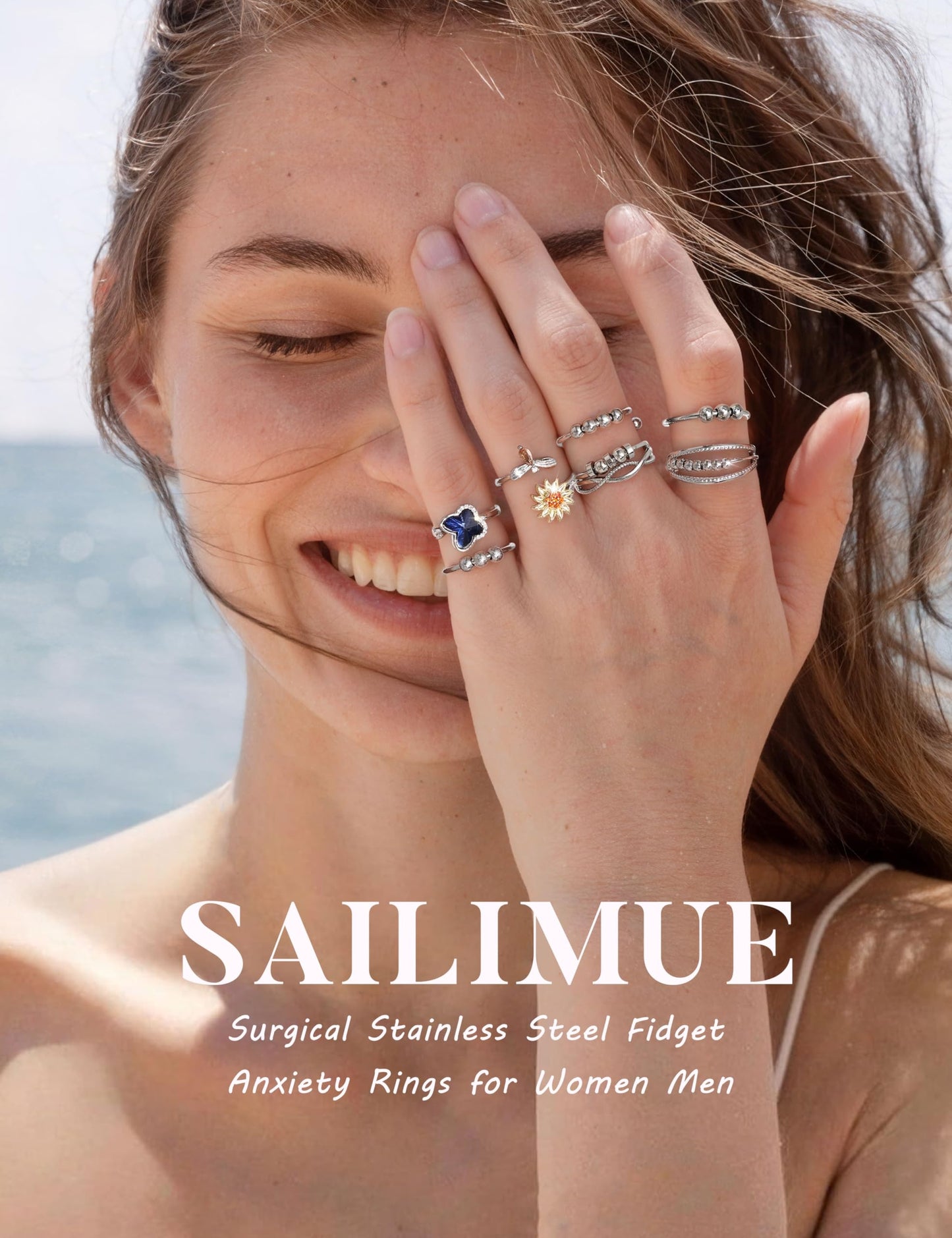 Sailimue Anxiety Ring Set – 9-Piece Fidget Spinner Rings, Adjustable 6–10