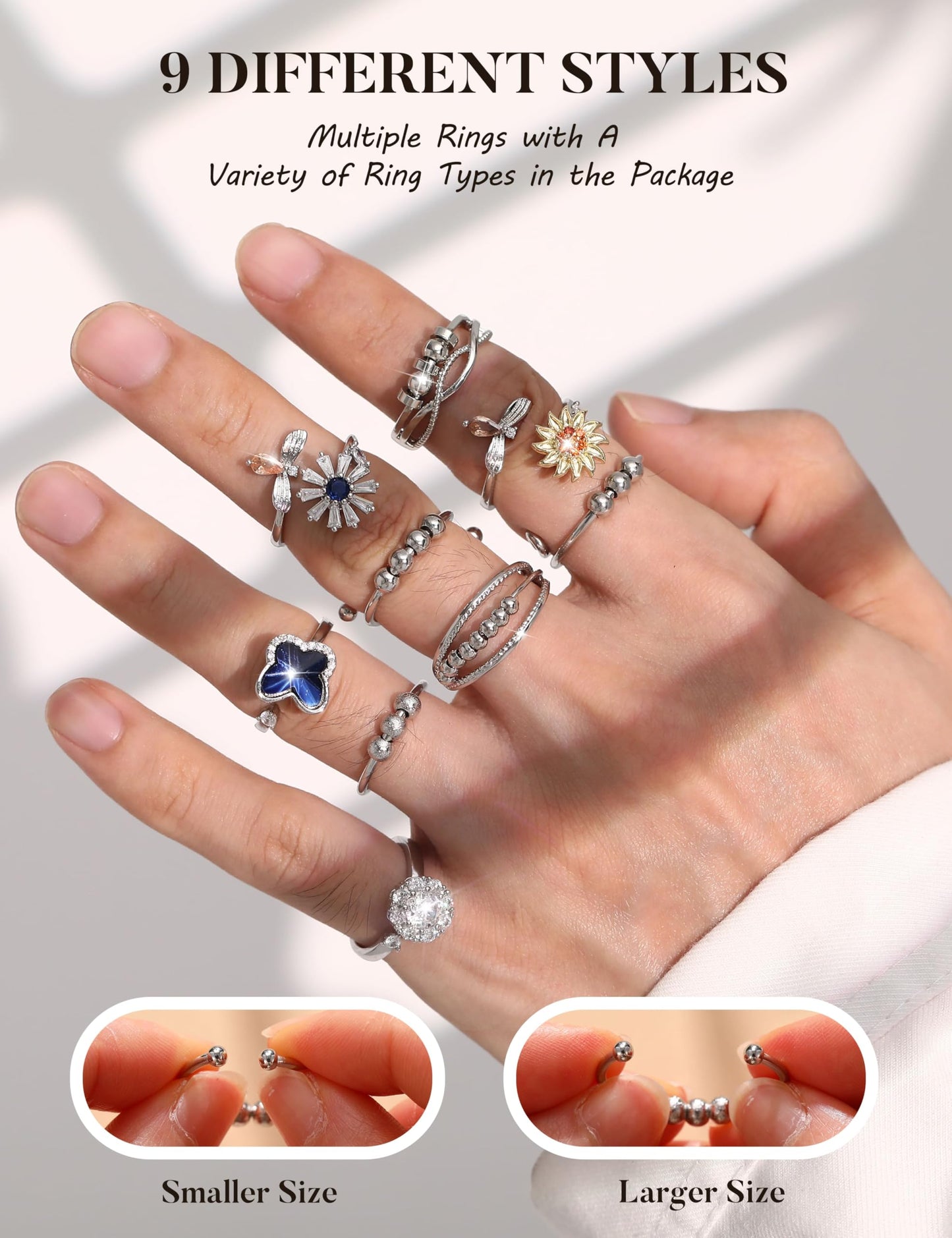 Sailimue Anxiety Ring Set – 9-Piece Fidget Spinner Rings, Adjustable 6–10