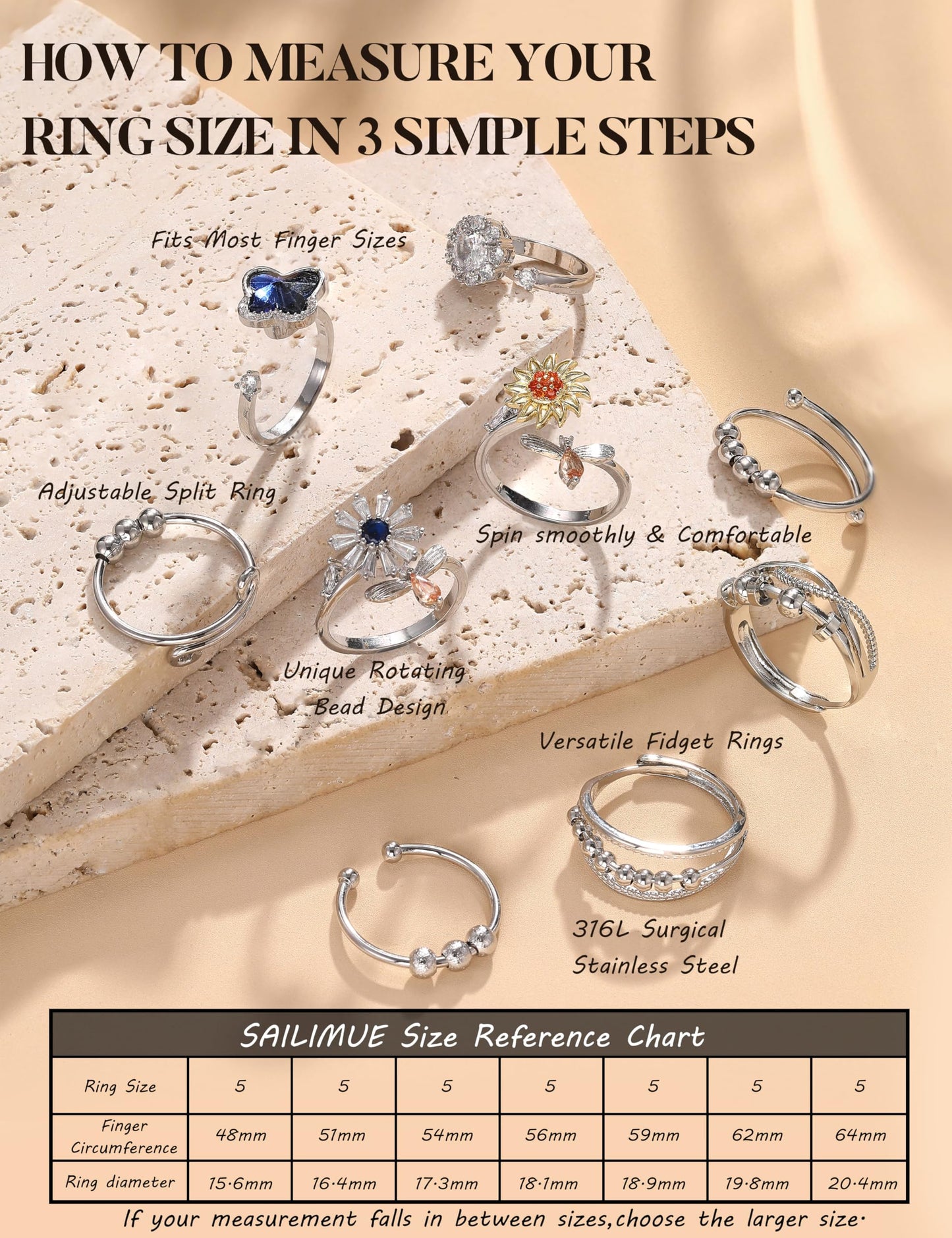 Sailimue Anxiety Ring Set – 9-Piece Fidget Spinner Rings, Adjustable 6–10