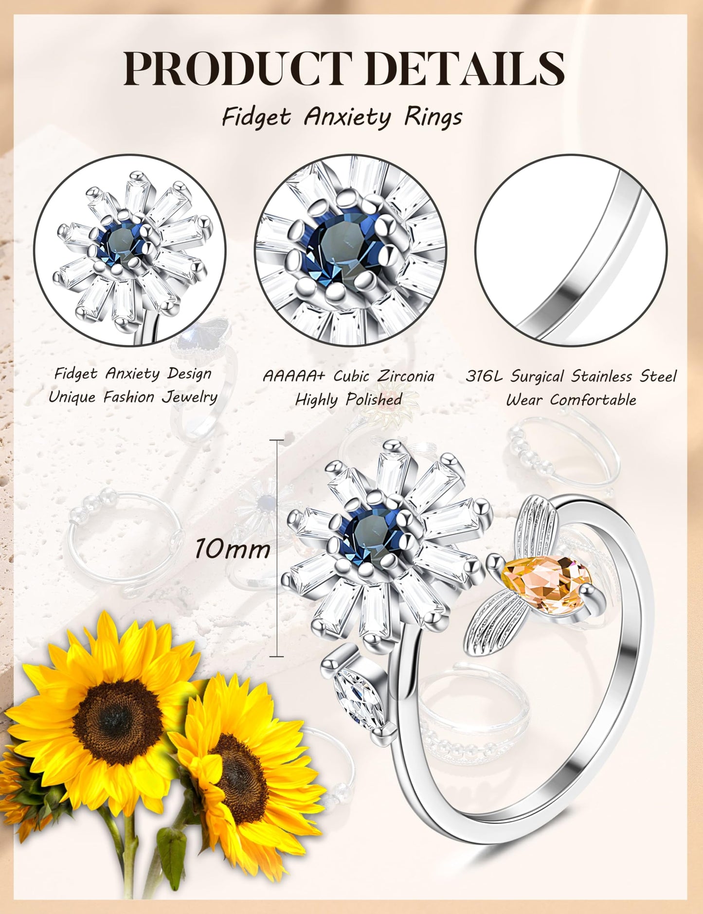 Sailimue Anxiety Ring Set – 9-Piece Fidget Spinner Rings, Adjustable 6–10