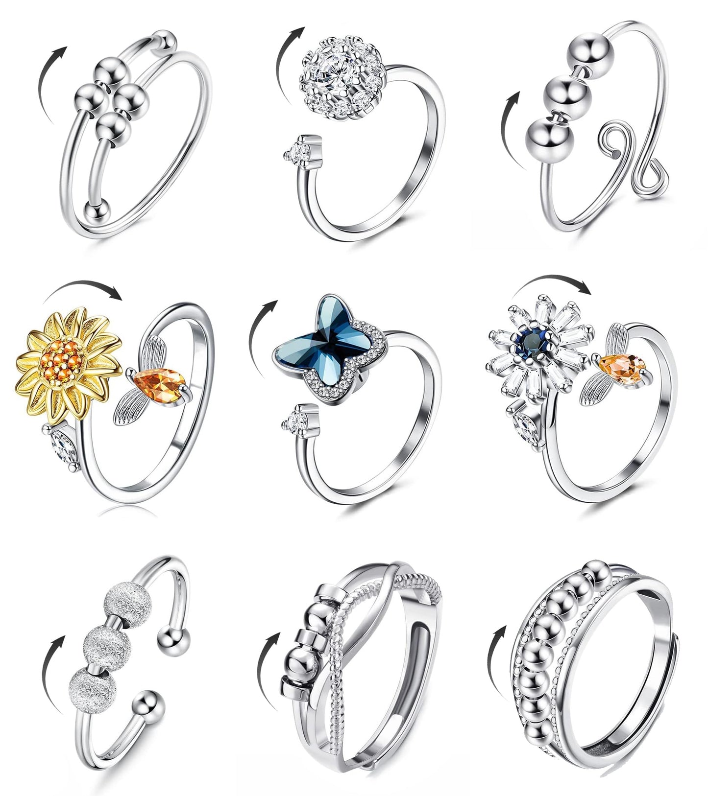 Sailimue Anxiety Ring Set – 9-Piece Fidget Spinner Rings, Adjustable 6–10