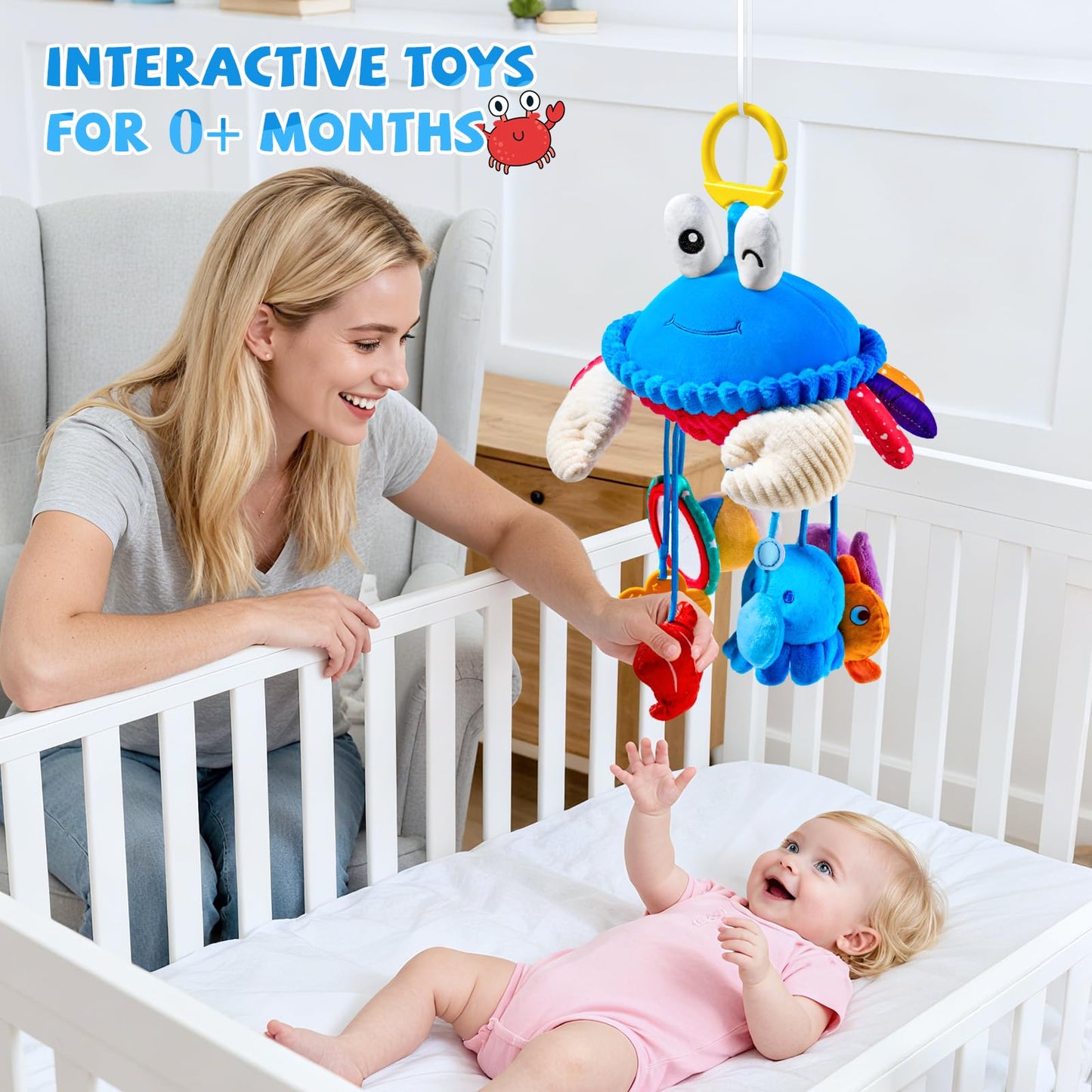 SAIMAND Car Seat Toys for Babies 0-6 Months | Clip-On Sensory Crab Plush for Stroller & Crib