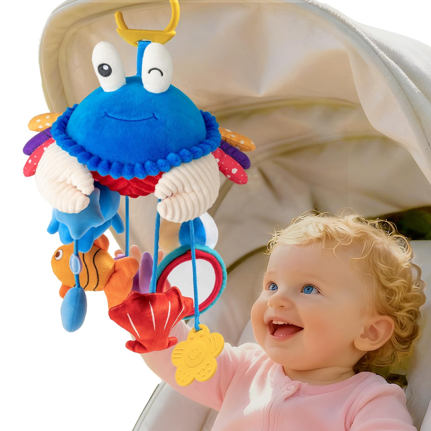 SAIMAND Car Seat Toys for Babies 0-6 Months | Clip-On Sensory Crab Plush for Stroller & Crib