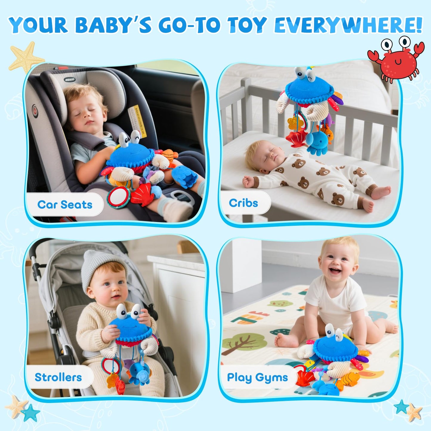 SAIMAND Car Seat Toys for Babies 0-6 Months | Clip-On Sensory Crab Plush for Stroller & Crib
