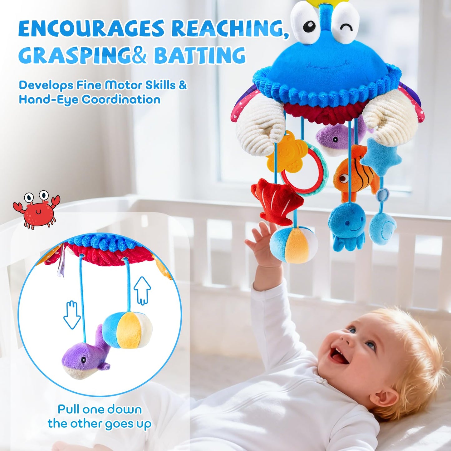SAIMAND Car Seat Toys for Babies 0-6 Months | Clip-On Sensory Crab Plush for Stroller & Crib