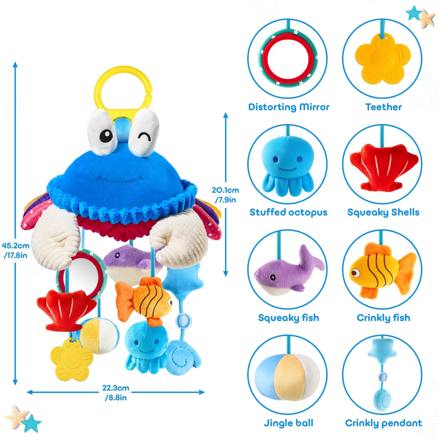 SAIMAND Car Seat Toys for Babies 0-6 Months | Clip-On Sensory Crab Plush for Stroller & Crib