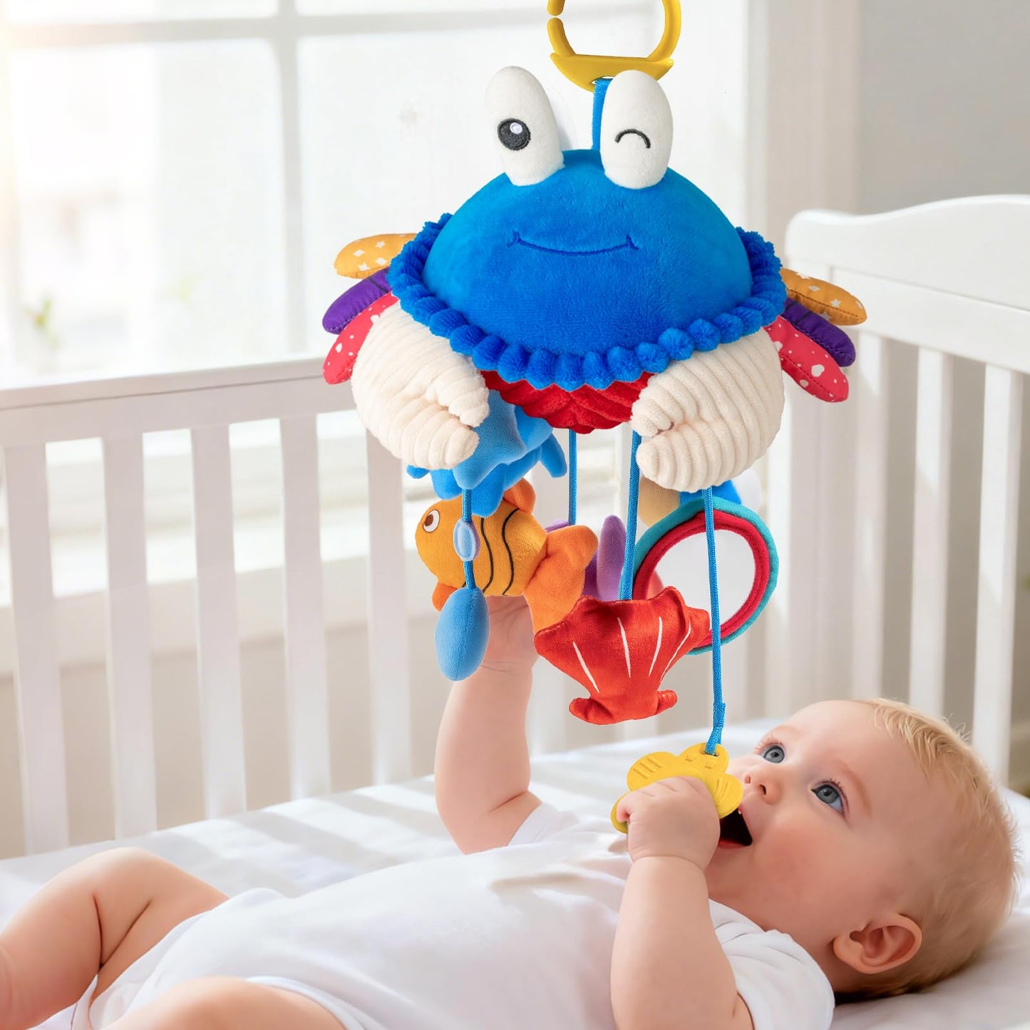 SAIMAND Car Seat Toys for Babies 0-6 Months | Clip-On Sensory Crab Plush for Stroller & Crib