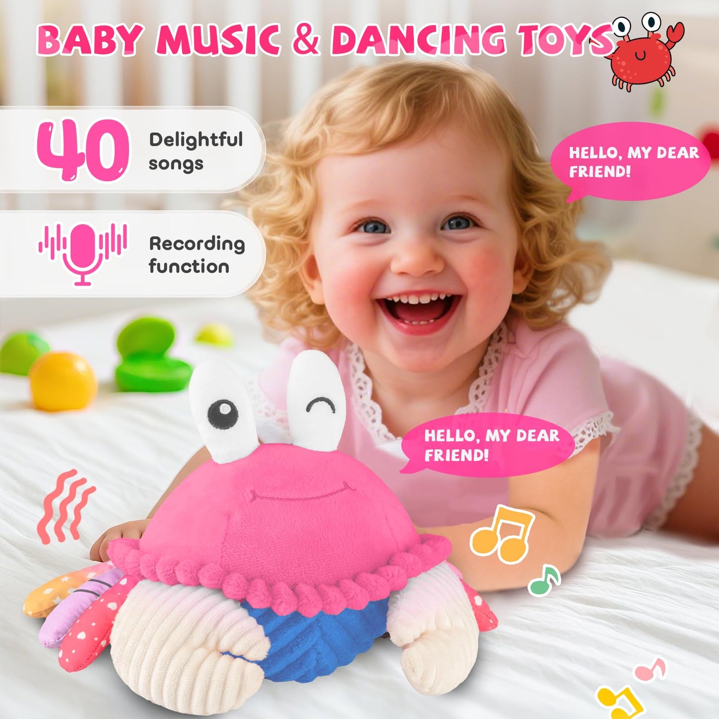 SAIMAND Pink Crawling Crab Baby Toy — 40 Songs, Voice Recorder, USB Rechargeable