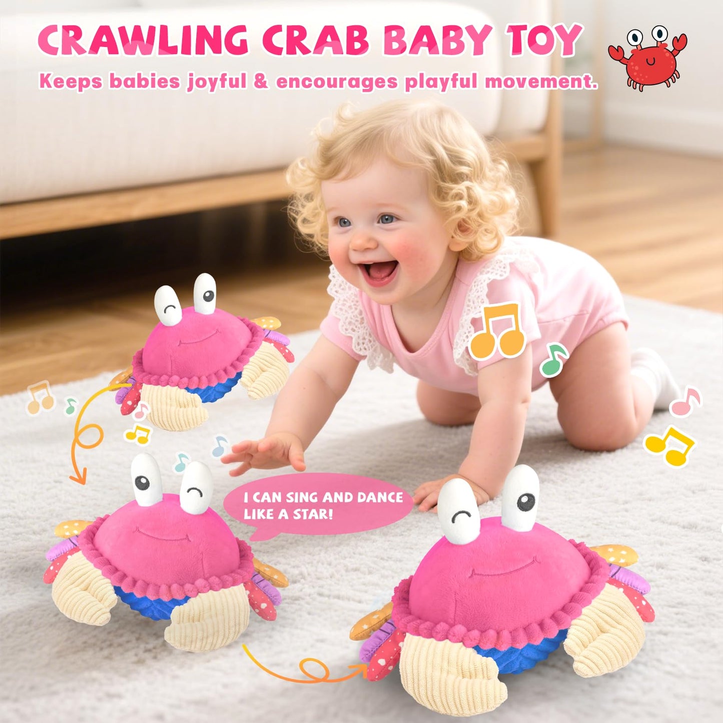 SAIMAND Pink Crawling Crab Baby Toy — 40 Songs, Voice Recorder, USB Rechargeable