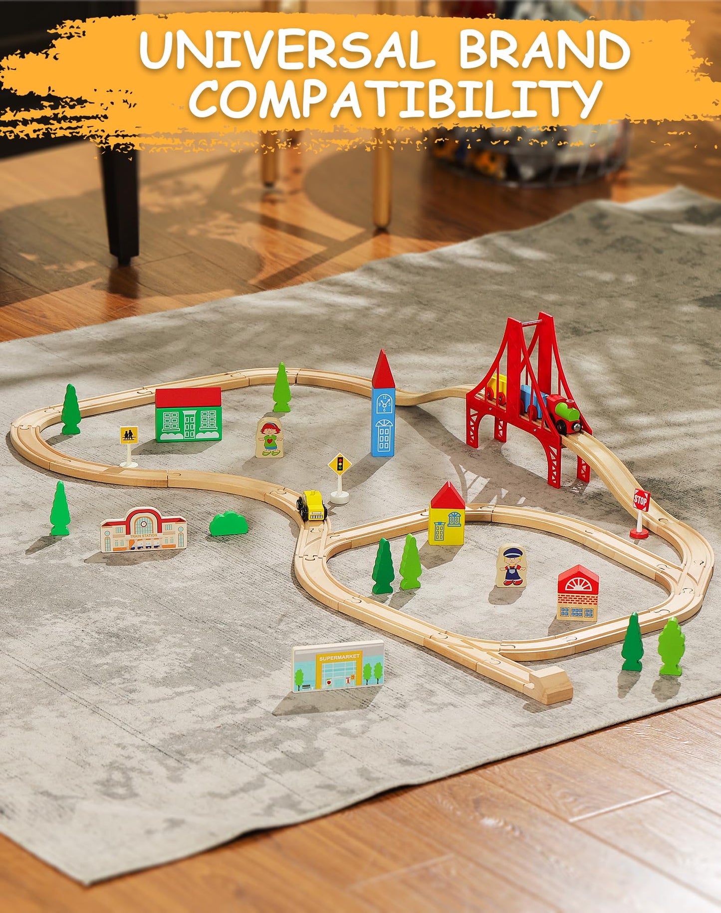 SainSmart Jr. Premium Wooden Train Track Set – 52-Piece, 18ft Expanding Layout, Thomas Brio Compatible