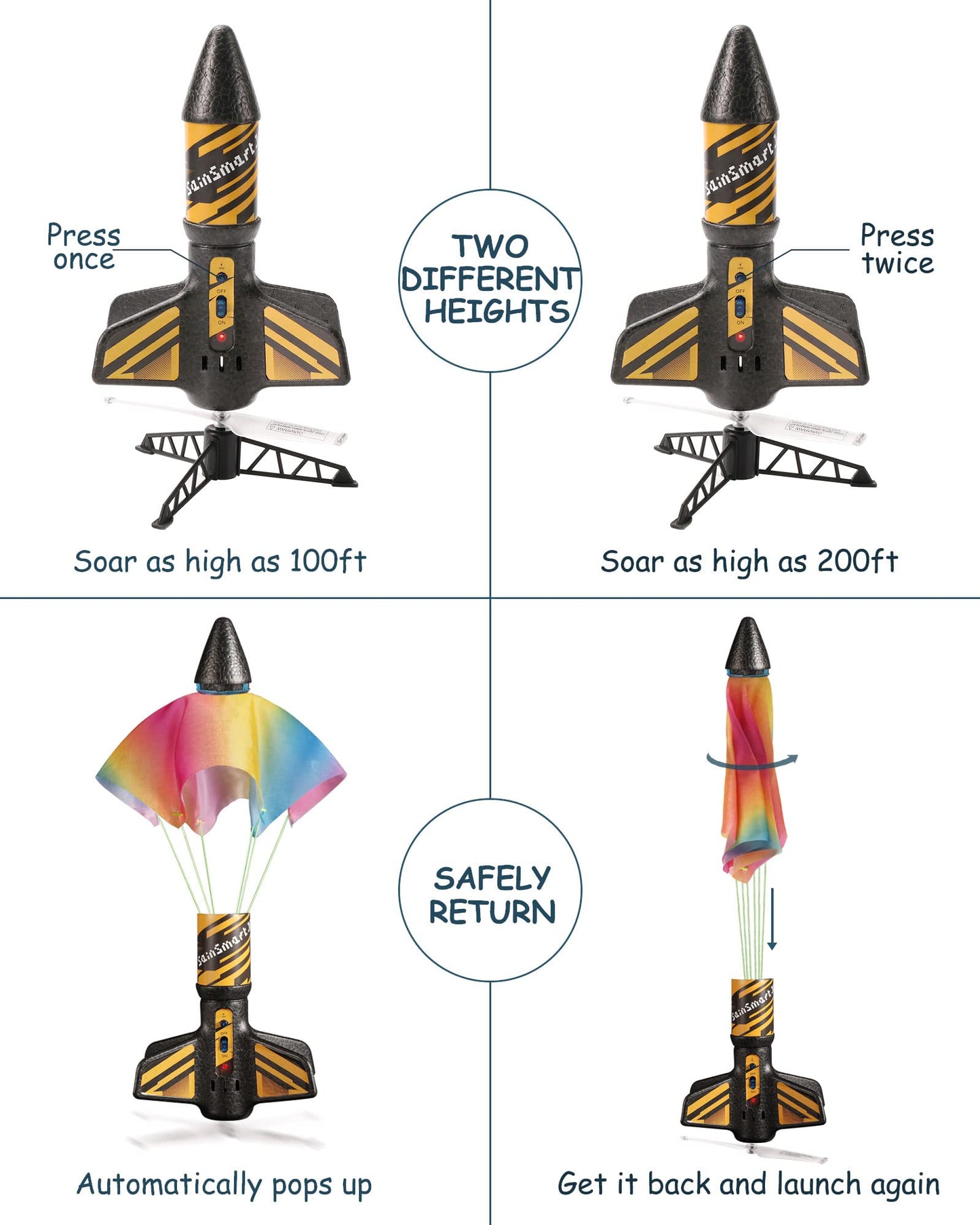 SainSmart Jr. Rocket Launcher for Kids — 200 ft Altitude, Motorized Air Rocket with Parachute (Black)
