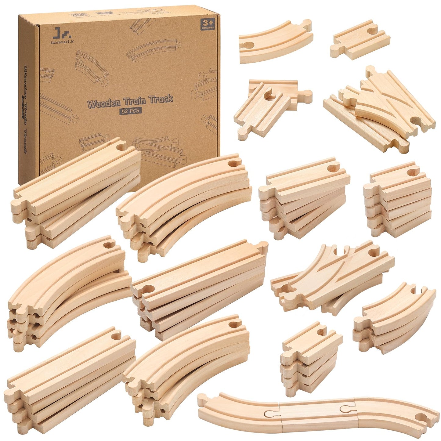 SainSmart Jr. Premium Wooden Train Track Set – 52-Piece, 18ft Expanding Layout, Thomas Brio Compatible