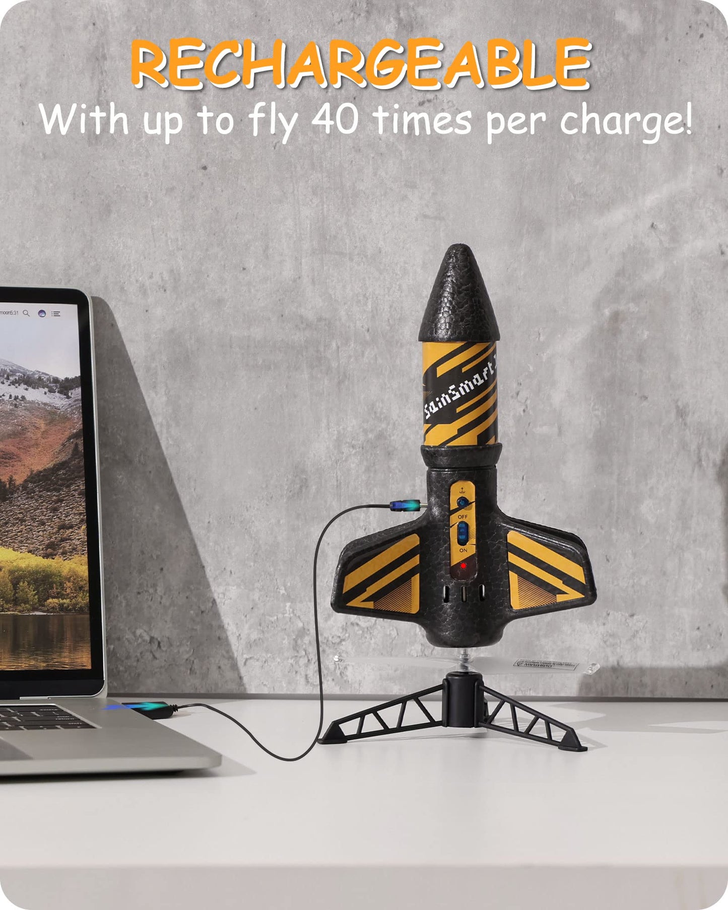 SainSmart Jr. Rocket Launcher for Kids — 200 ft Altitude, Motorized Air Rocket with Parachute (Black)
