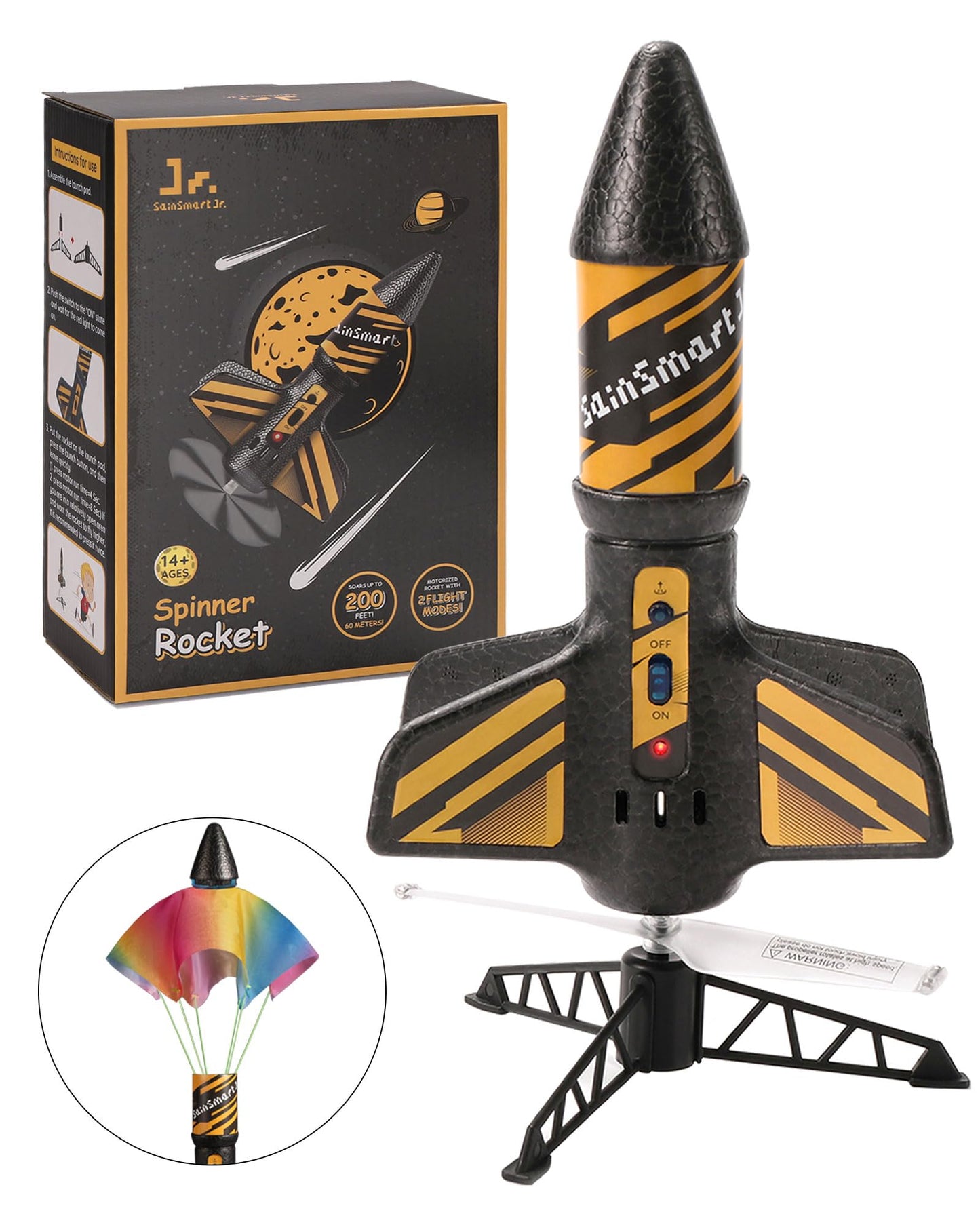 SainSmart Jr. Rocket Launcher for Kids — 200 ft Altitude, Motorized Air Rocket with Parachute (Black)