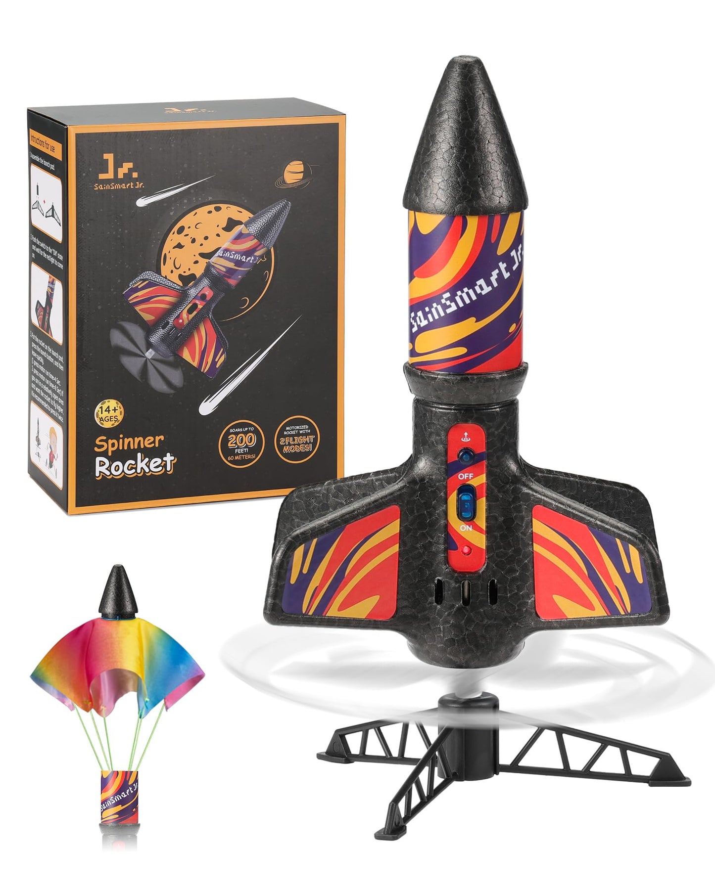 SainSmart Jr. Rocket Launcher for Kids – Motorized Air Rocket Toy with Parachute (Up to 200 ft)