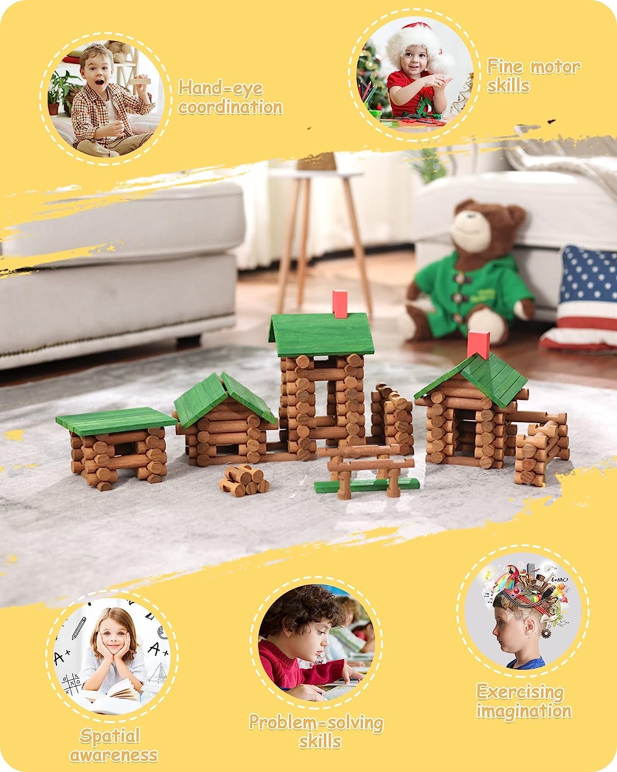 SainSmart Jr. 450 PCS Wooden Log Cabin Set — STEM Building Kit for Toddlers 3+
