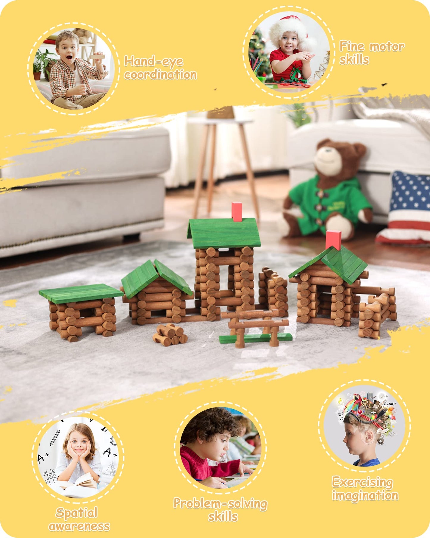 SainSmart Jr. 300 Pcs Wooden Log Cabin Set – STEM Construction Toy for 3+
