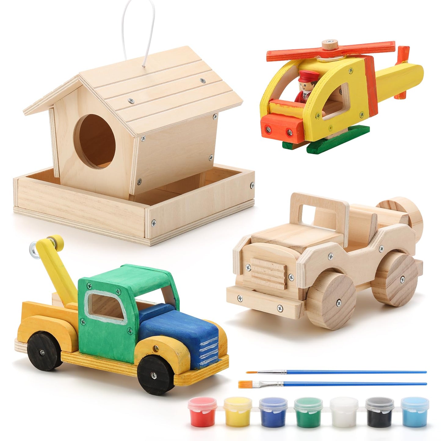 SainSmart Jr. 4-in-1 Woodworking Kit for Kids – Birdhouse, Helicopter, Off-Road Car & Tow Truck