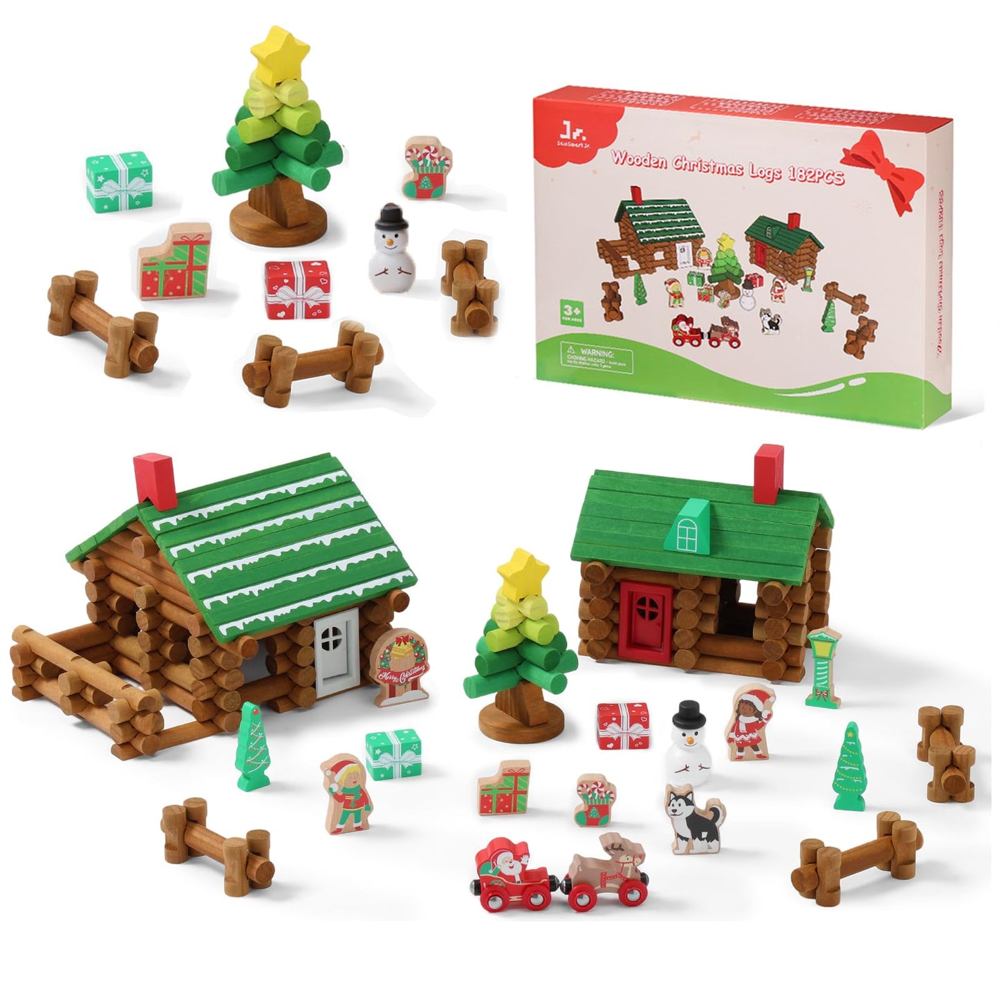 SainSmart Jr. Wooden Logs Set – 182 Pcs Christmas STEM Kit (3+) Lincoln Logs Compatible