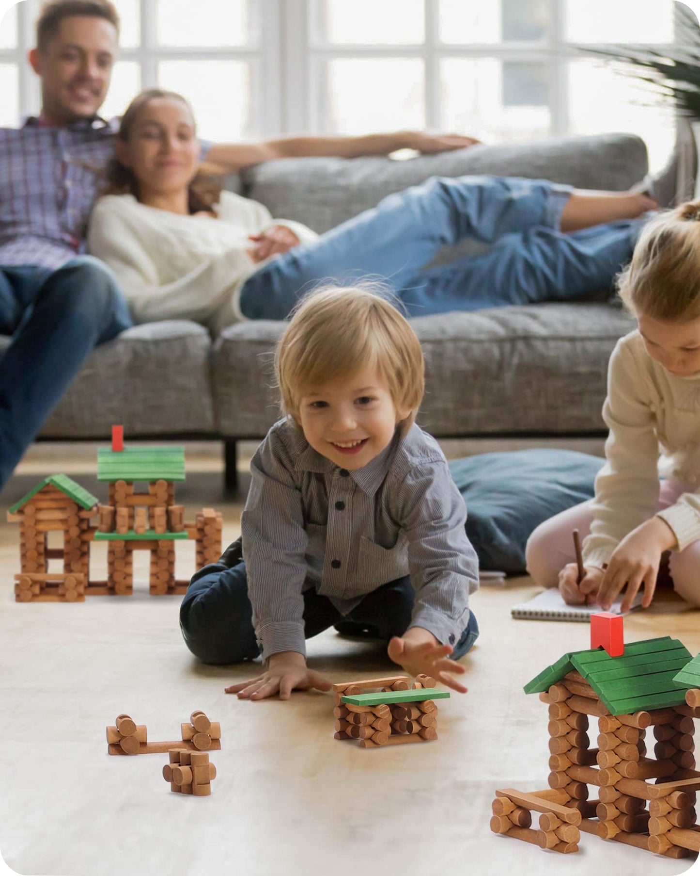 SainSmart Jr. 665 PCS Wooden Log Cabin Set for Toddlers — Classic STEM Construction, Lincoln Logs Compatible