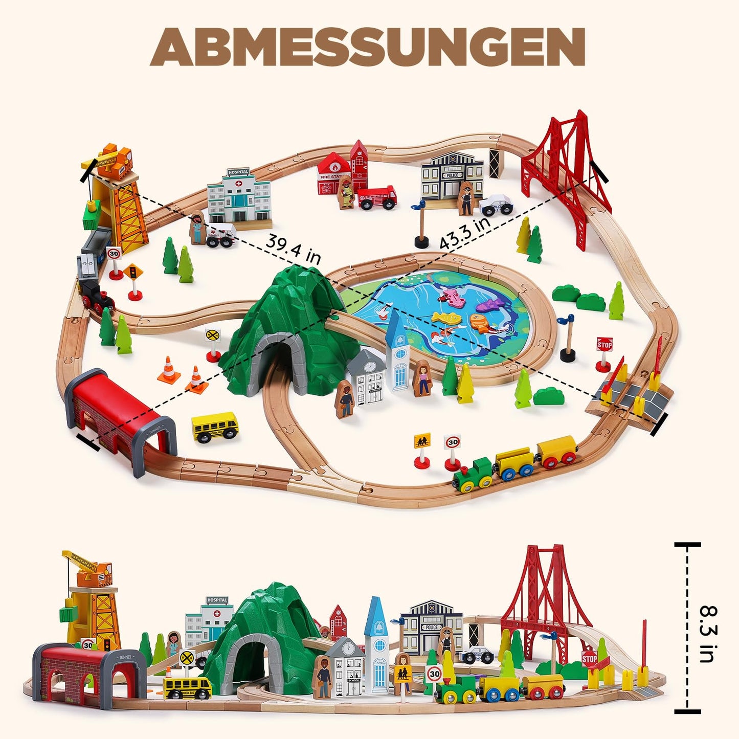 SainSmart Jr. 112-Piece Wooden Train Set – Double-Sided Tracks, Brio/Thomas/Melissa & Doug Compatible