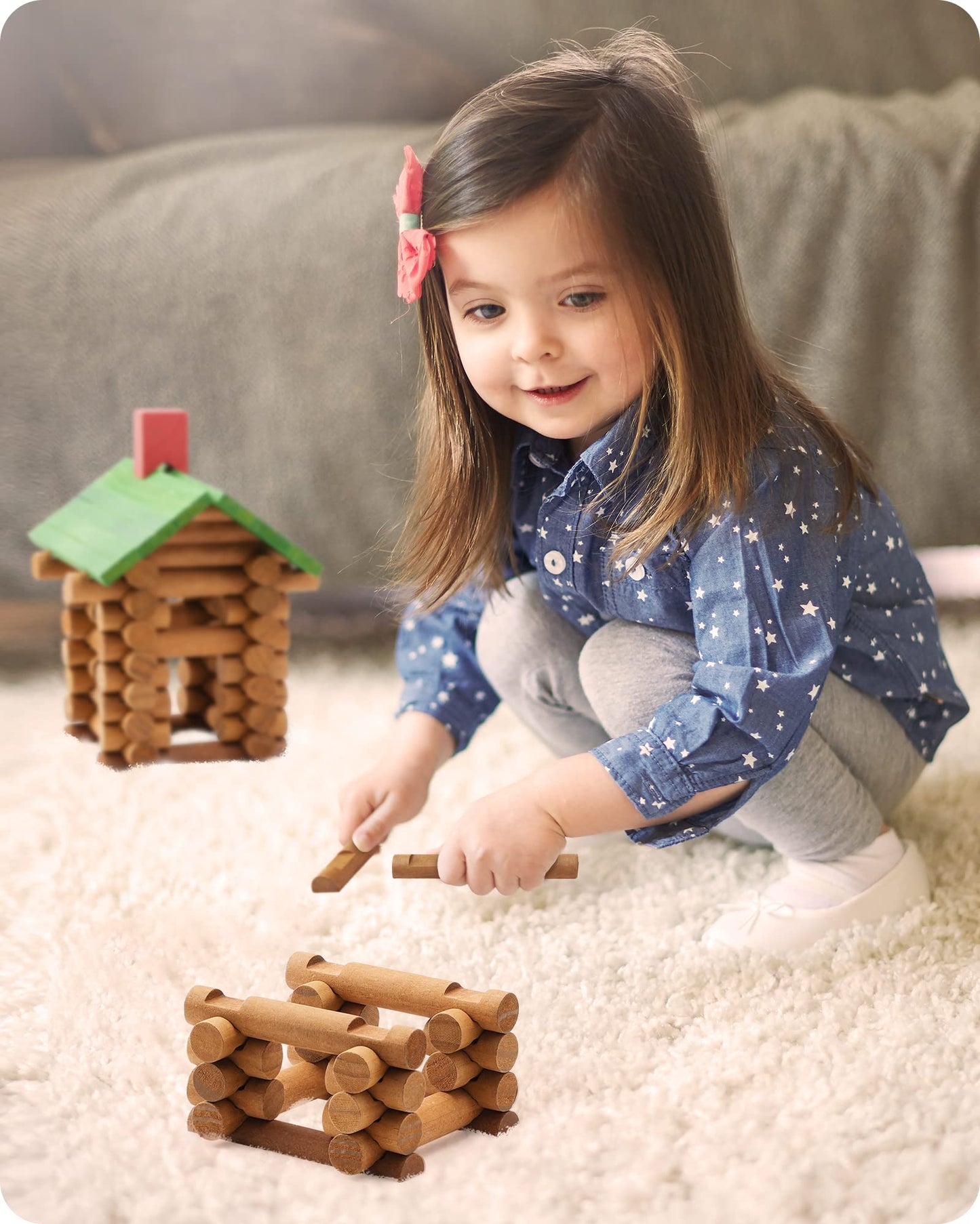 SainSmart Jr. 300 Pcs Wooden Log Cabin Set – STEM Construction Toy for 3+