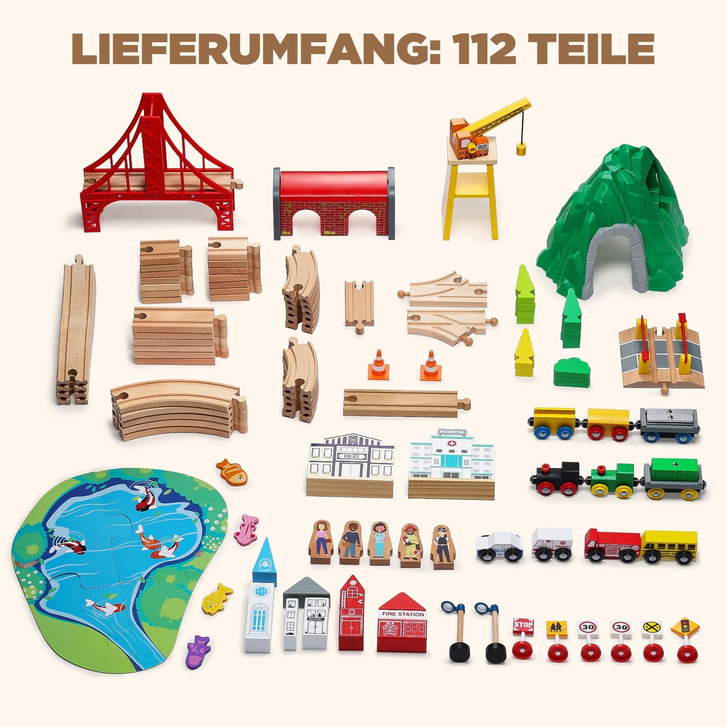 SainSmart Jr. 112-Piece Wooden Train Set – Double-Sided Tracks, Brio/Thomas/Melissa & Doug Compatible