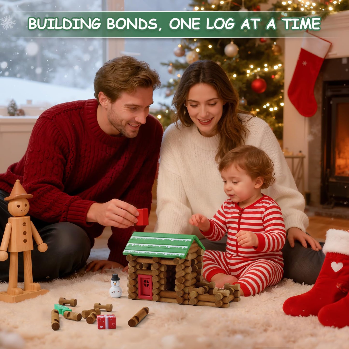 SainSmart Jr. Wooden Logs Set – 182 Pcs Christmas STEM Kit (3+) Lincoln Logs Compatible