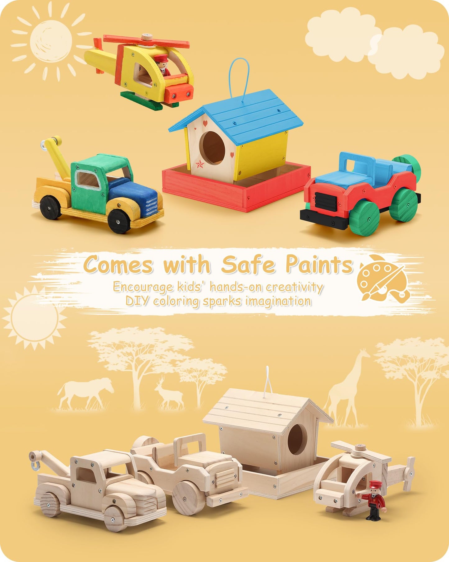 SainSmart Jr. 4-in-1 Woodworking Kit for Kids – Birdhouse, Helicopter, Off-Road Car & Tow Truck