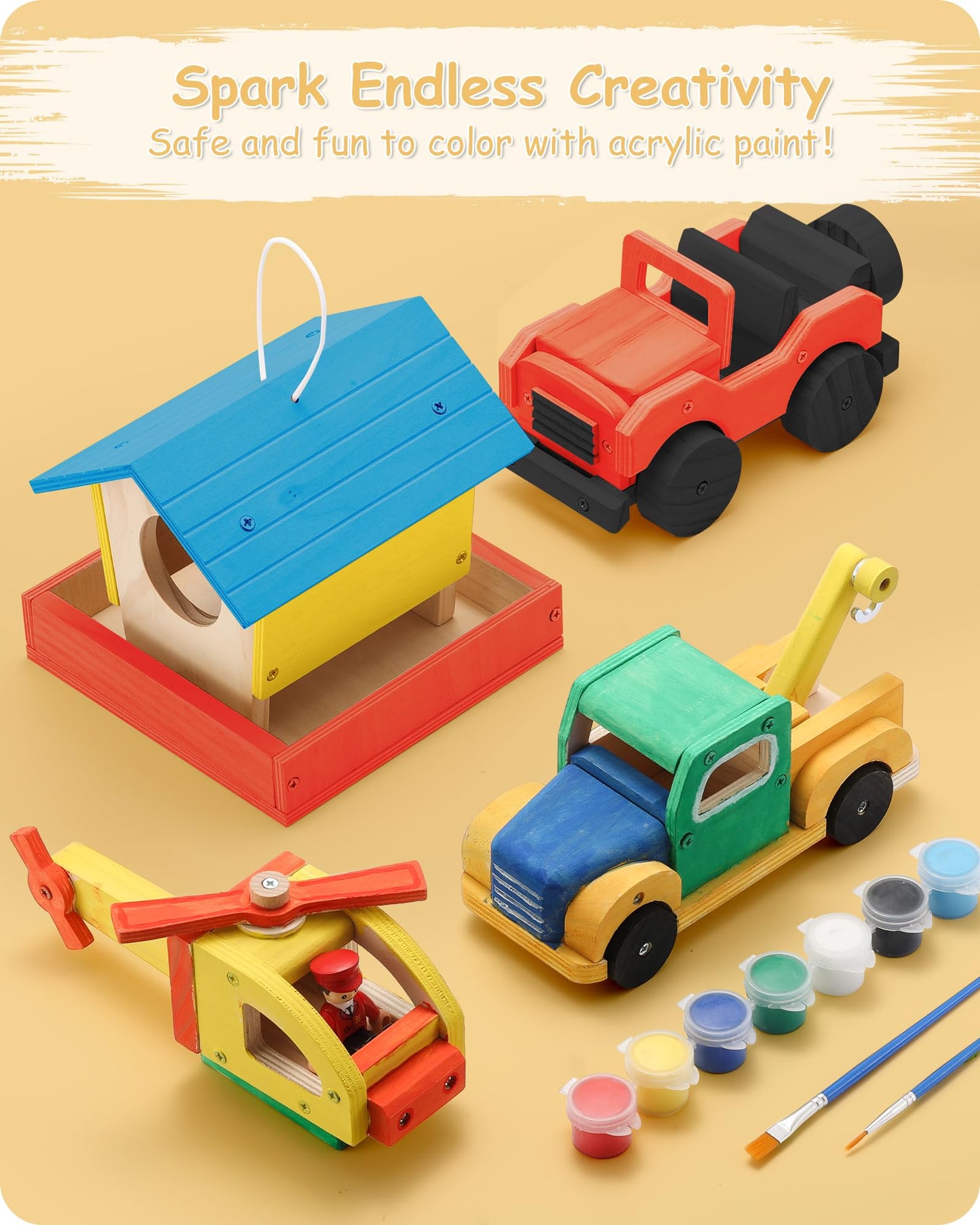 SainSmart Jr. 4-in-1 Woodworking Kit for Kids – Birdhouse, Helicopter, Off-Road Car & Tow Truck