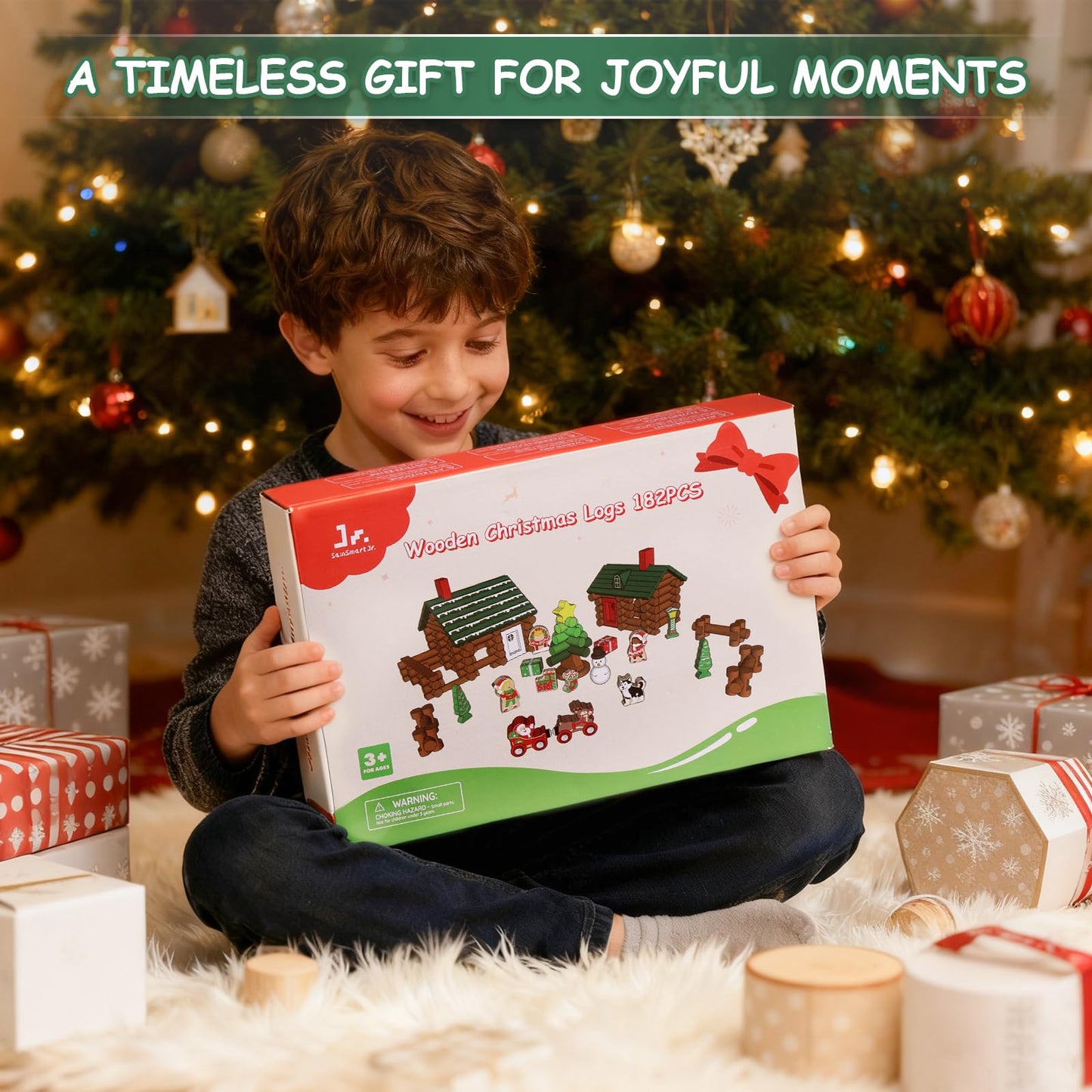 SainSmart Jr. Wooden Logs Set – 182 Pcs Christmas STEM Kit (3+) Lincoln Logs Compatible