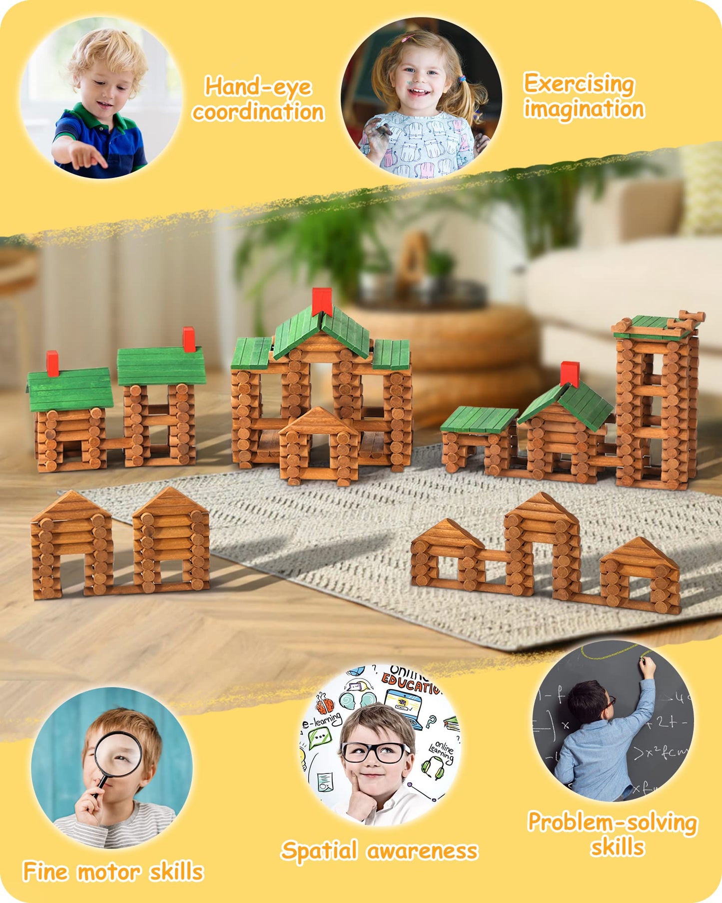 SainSmart Jr. 665 PCS Wooden Log Cabin Set for Toddlers — Classic STEM Construction, Lincoln Logs Compatible