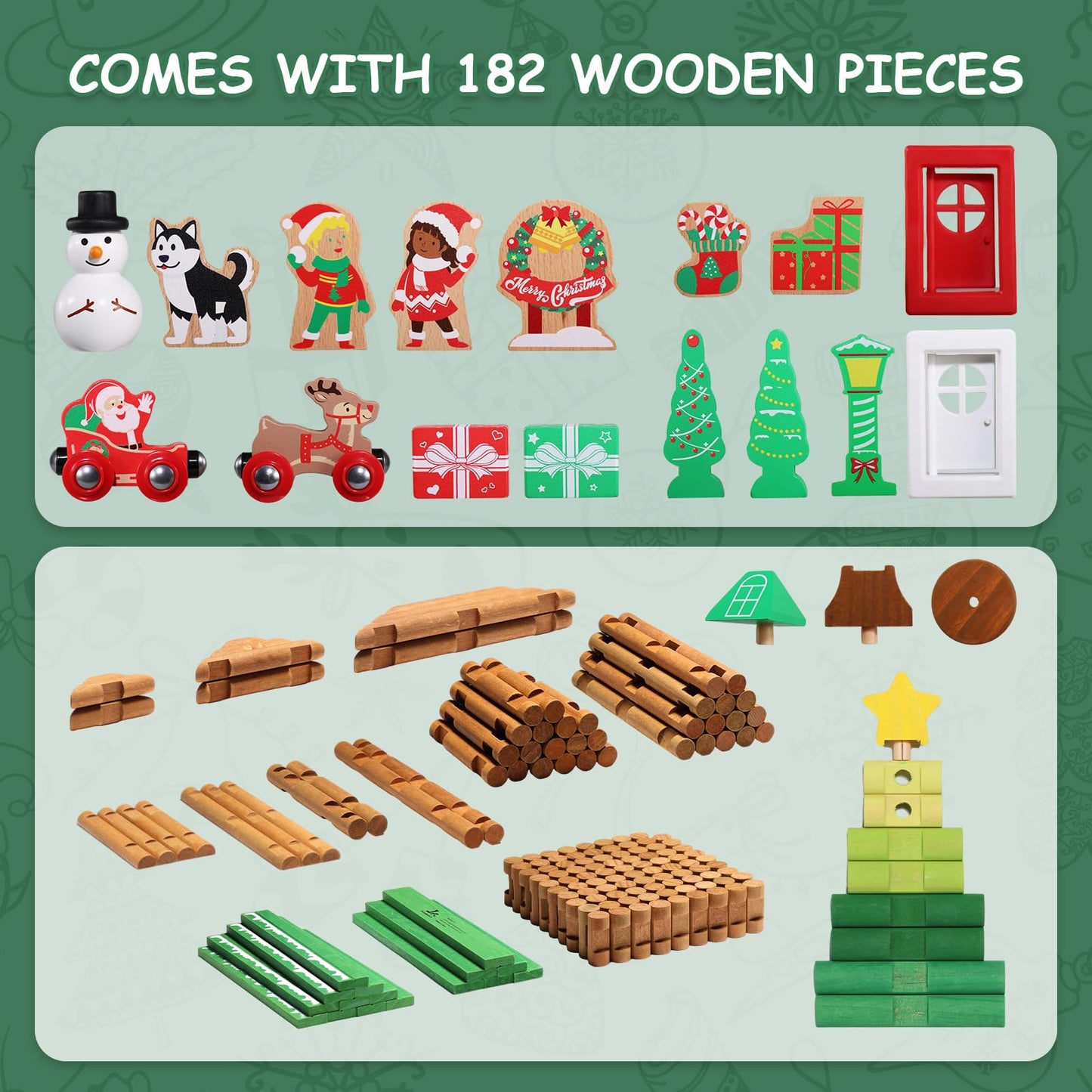 SainSmart Jr. Wooden Logs Set – 182 Pcs Christmas STEM Kit (3+) Lincoln Logs Compatible