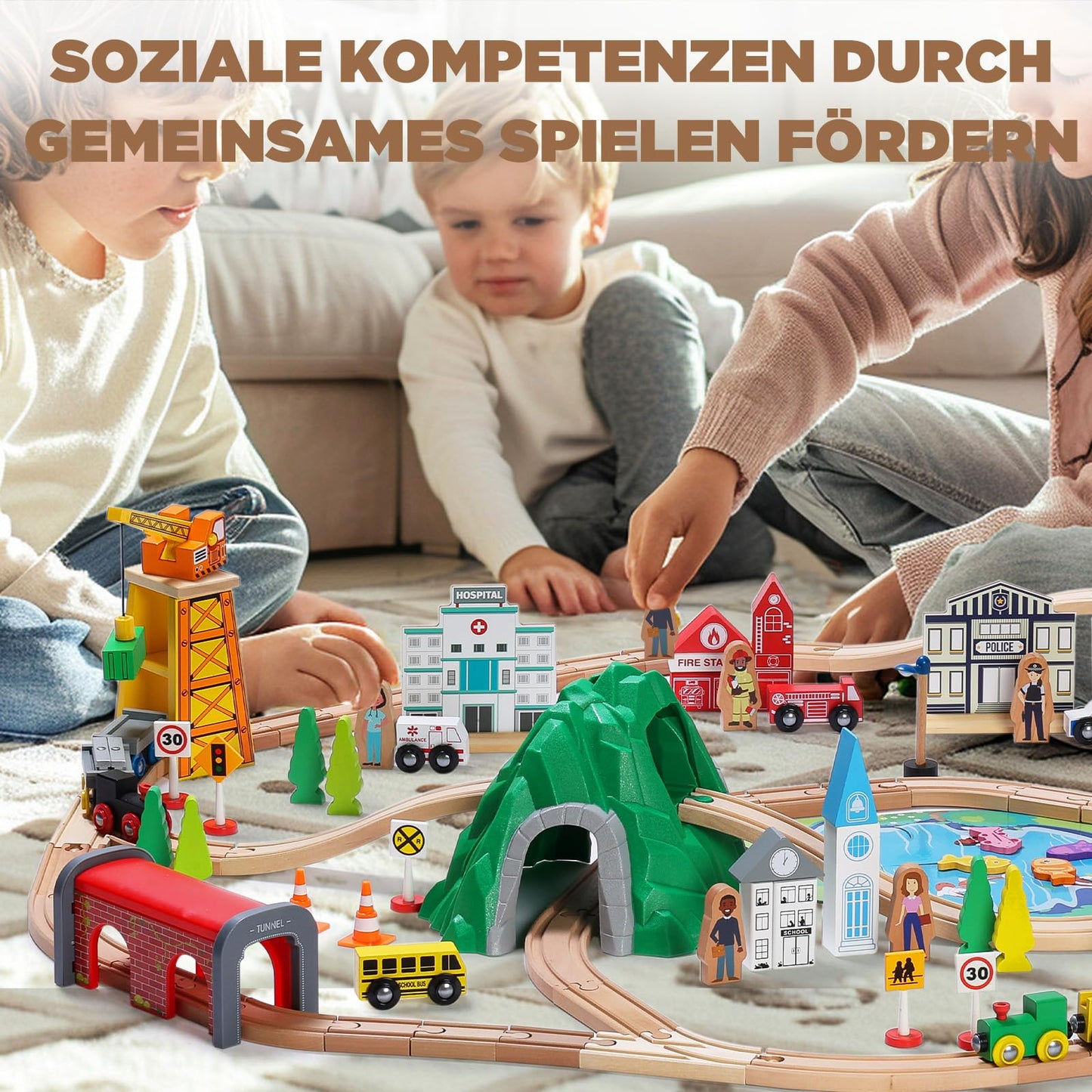 SainSmart Jr. 112-Piece Wooden Train Set – Double-Sided Tracks, Brio/Thomas/Melissa & Doug Compatible
