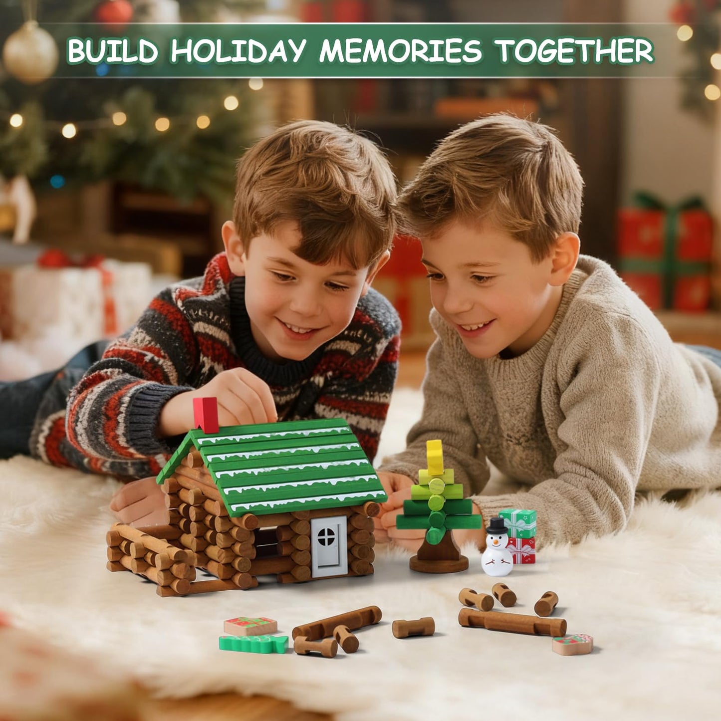 SainSmart Jr. Wooden Logs Set – 182 Pcs Christmas STEM Kit (3+) Lincoln Logs Compatible
