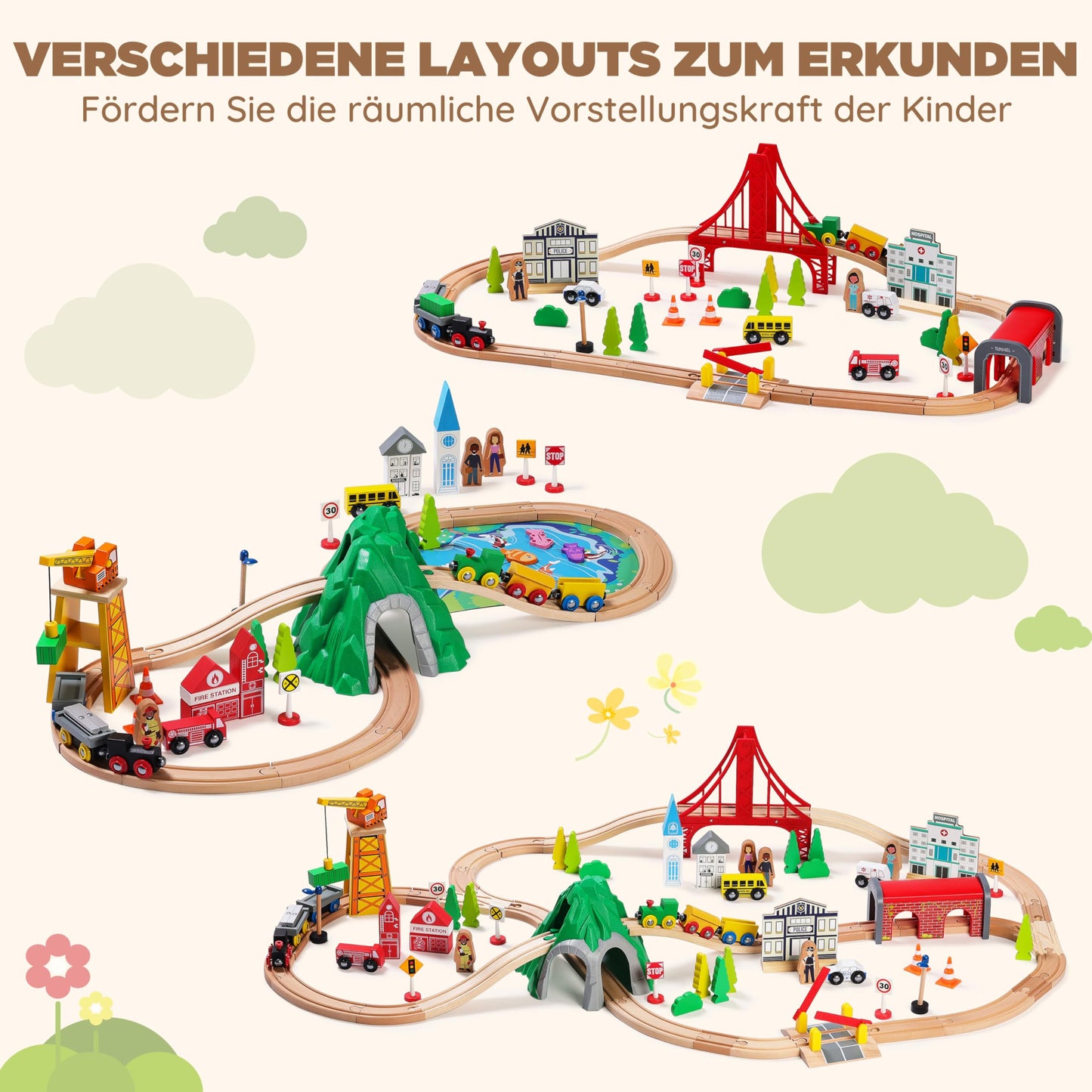 SainSmart Jr. 112-Piece Wooden Train Set – Double-Sided Tracks, Brio/Thomas/Melissa & Doug Compatible