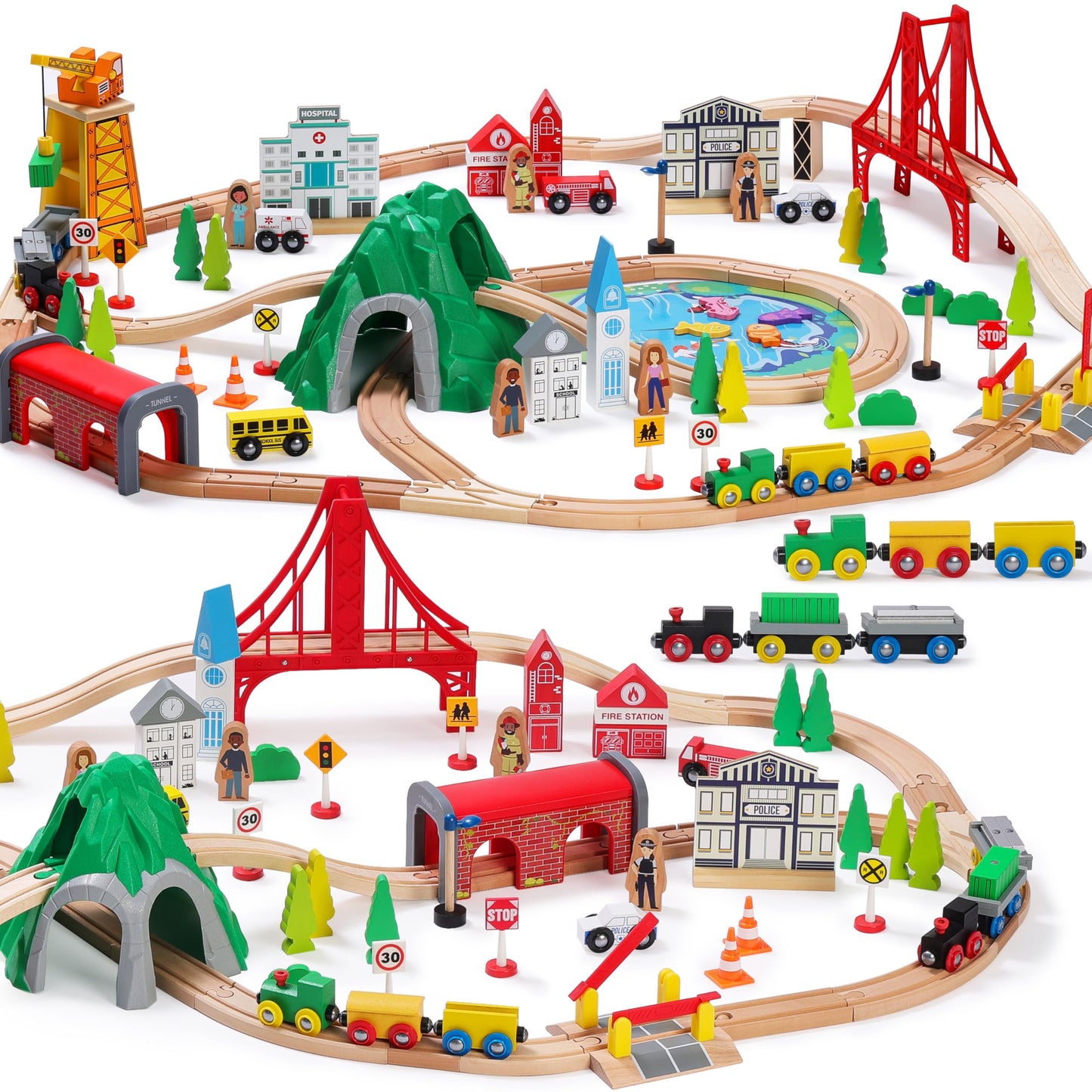 SainSmart Jr. 112-Piece Wooden Train Set – Double-Sided Tracks, Brio/Thomas/Melissa & Doug Compatible