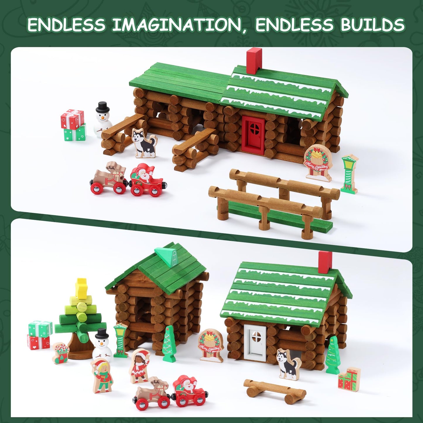 SainSmart Jr. Wooden Logs Set – 182 Pcs Christmas STEM Kit (3+) Lincoln Logs Compatible