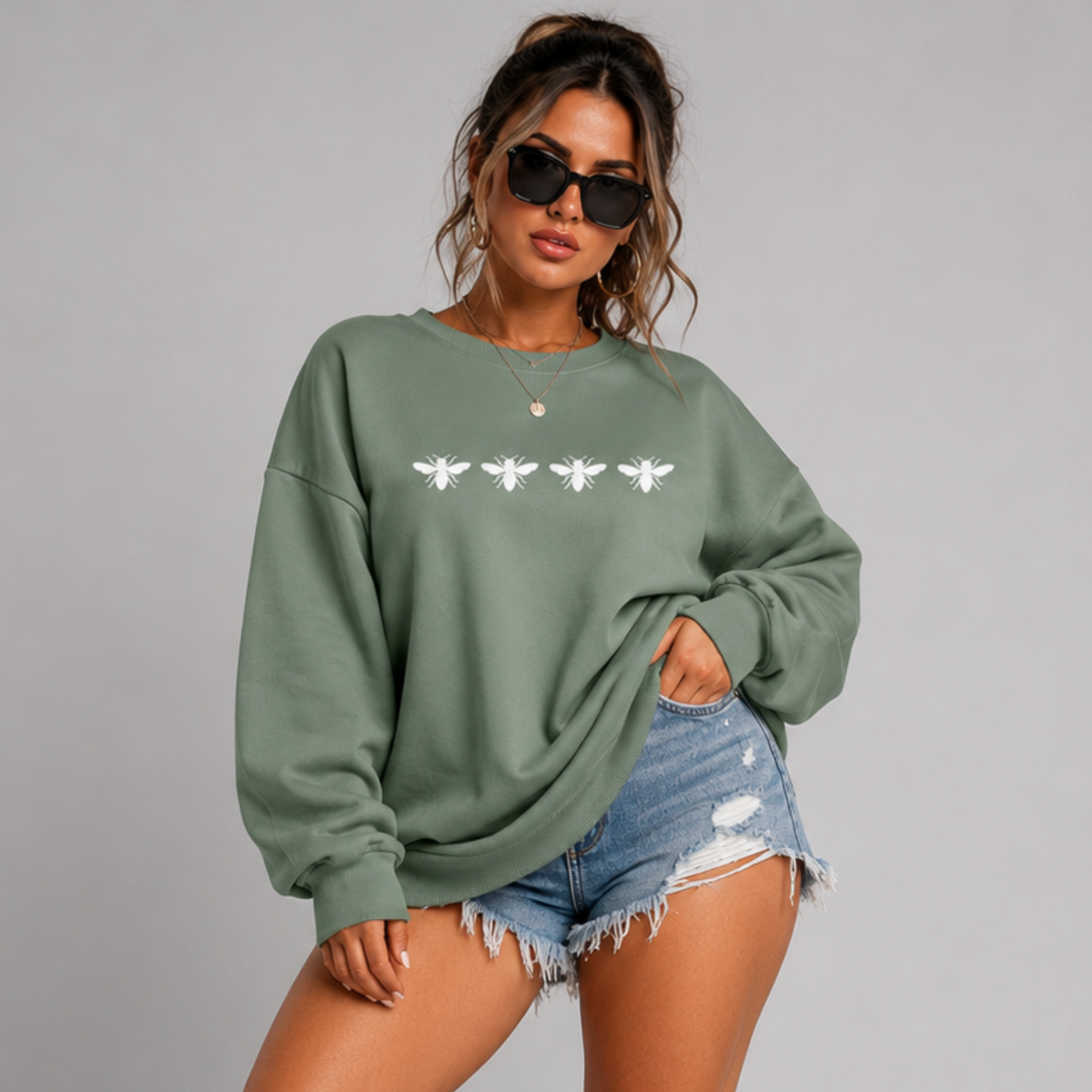 Cotton Sweatshirt with 4 White Bees Detail