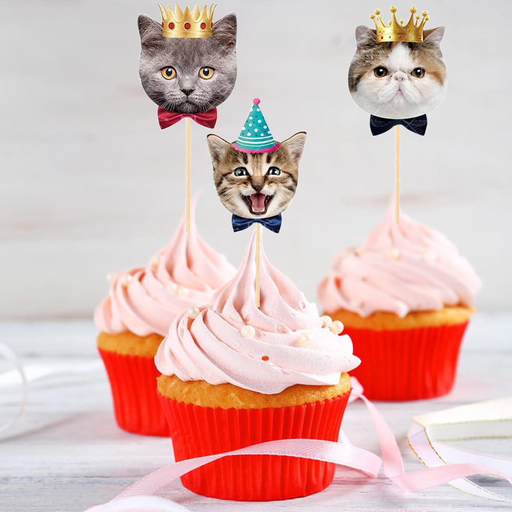 SAMOKA Cat Cupcake Toppers – 24-Pcs Set for Cat Birthday & Party Decor