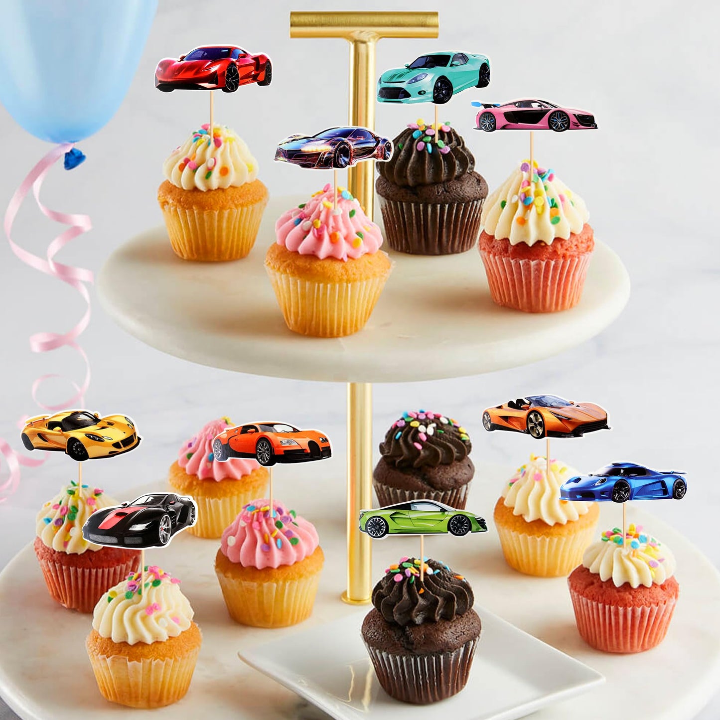 SAMOKA Racing Car Cupcake Toppers – 24 Pcs Rider Theme Cupcake Decorations for Baby Shower
