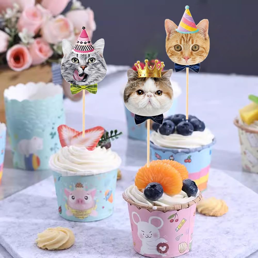 SAMOKA Cat Cupcake Toppers – 24-Pcs Set for Cat Birthday & Party Decor